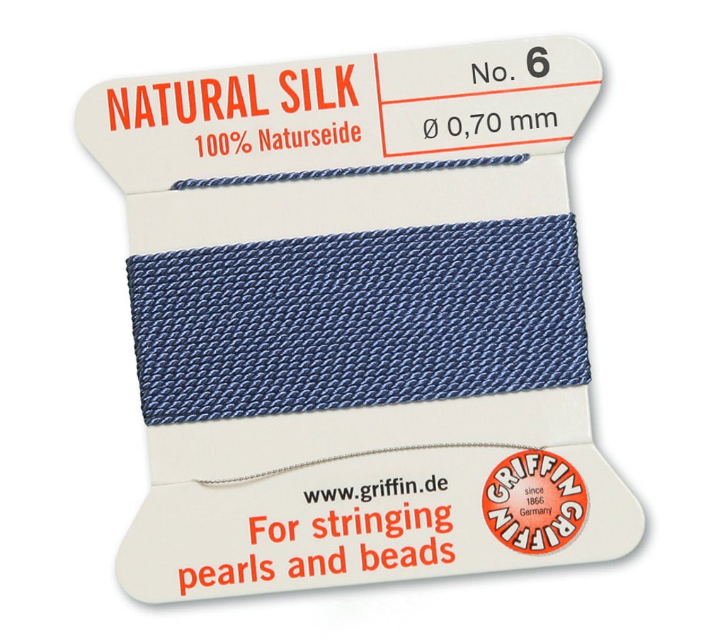 GRIFFIN 100% Natural Silk Beading Cord String Thread - Blue - 2 metres with one needle - Size 0.70mm