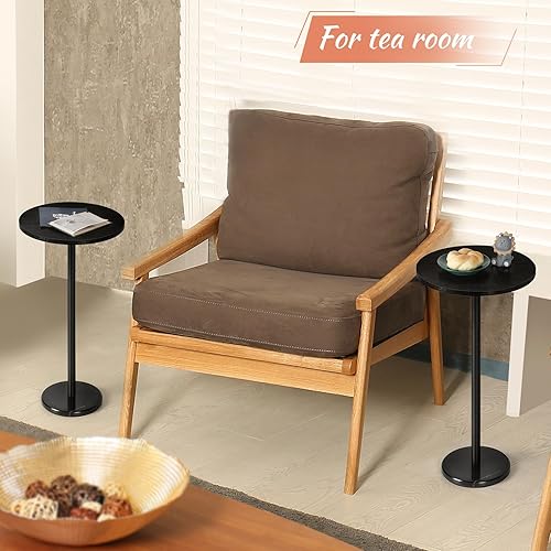 Miniatura 4 de smusei Mesas de bebidas para espacios pequeños, juego de 2 mesas auxiliares redondas pequeñas con base de mármol, soporte de pedestal negro para