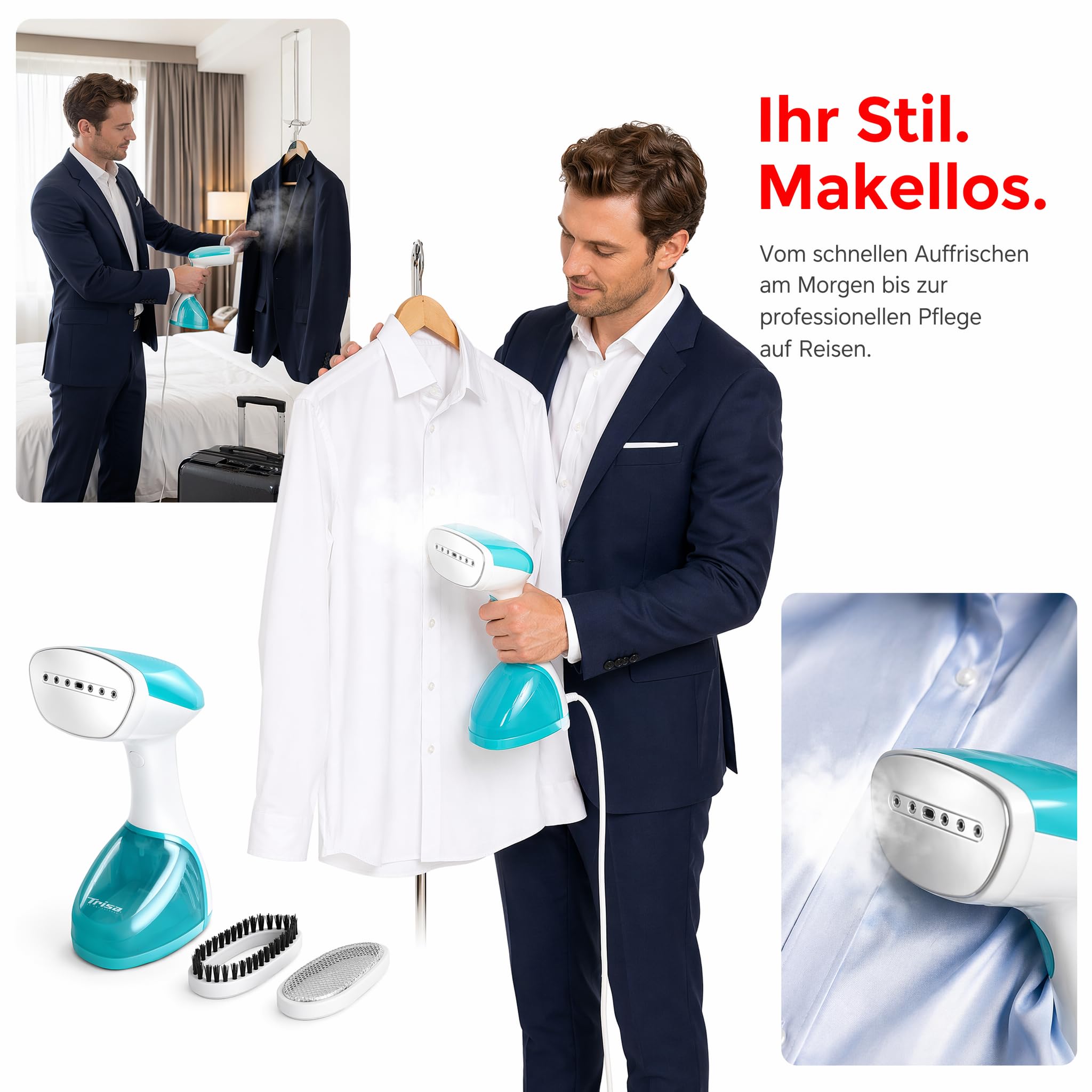 Trisa Silky Steam Dampfbürste 2000W, Edelstahlsohle, 300ml Tank, Türkis