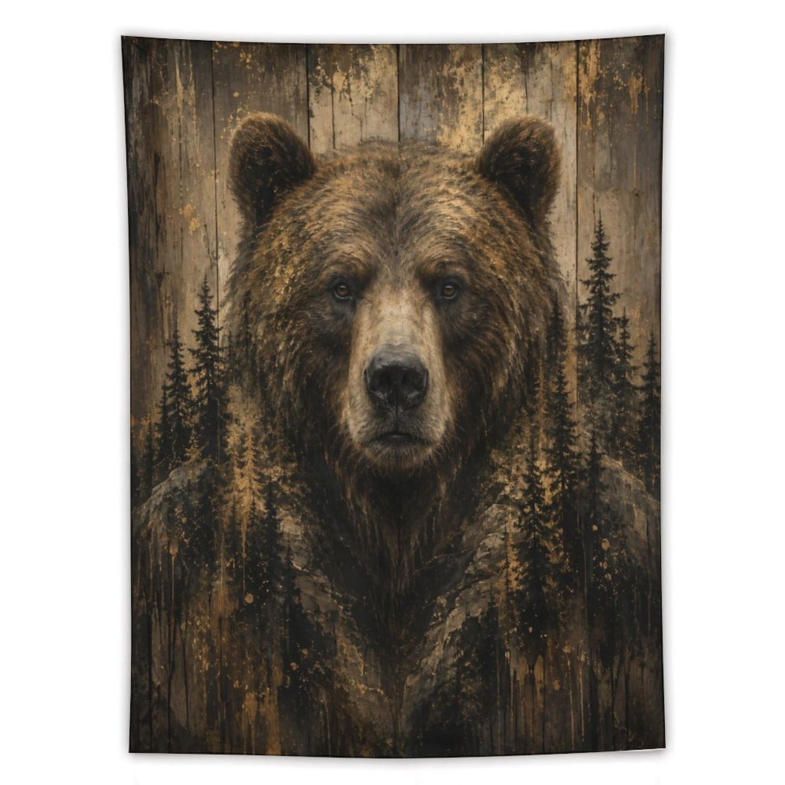 W7C8U2X3 Brown Bear Woodland Portrait Wall Tapestry, Realistic Illustration