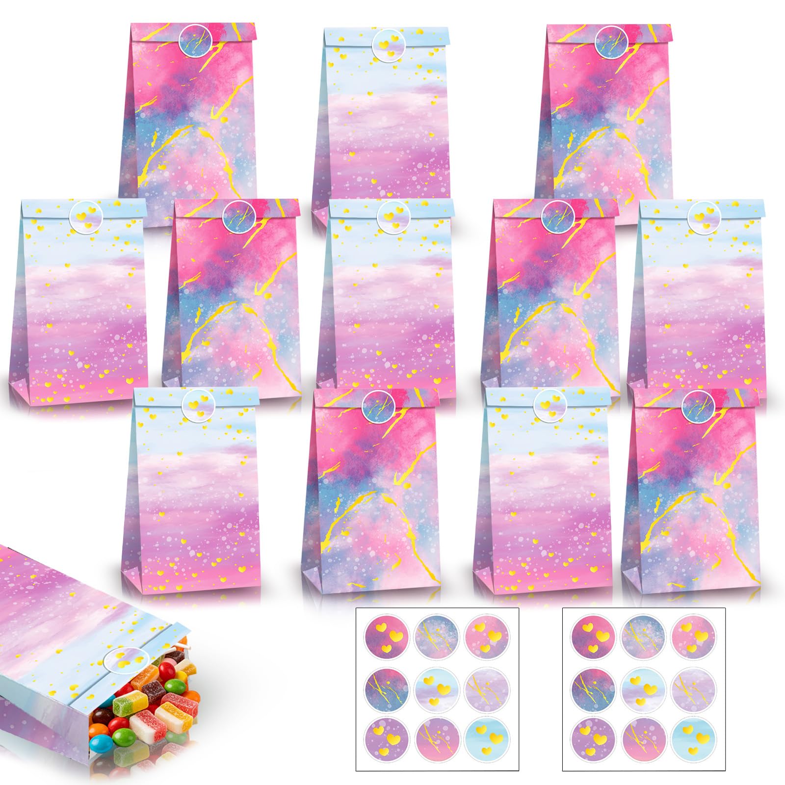 12Pcs Tie Dye Rainbow Party Bags Paper Gift Bag for Kids Party,Kraft Sweet Goodie Treats Candy Bag with 18 Sticker,Gradient Watercolor Small Pink Gift Bags for Wedding Birthday Rainbow Party Favour