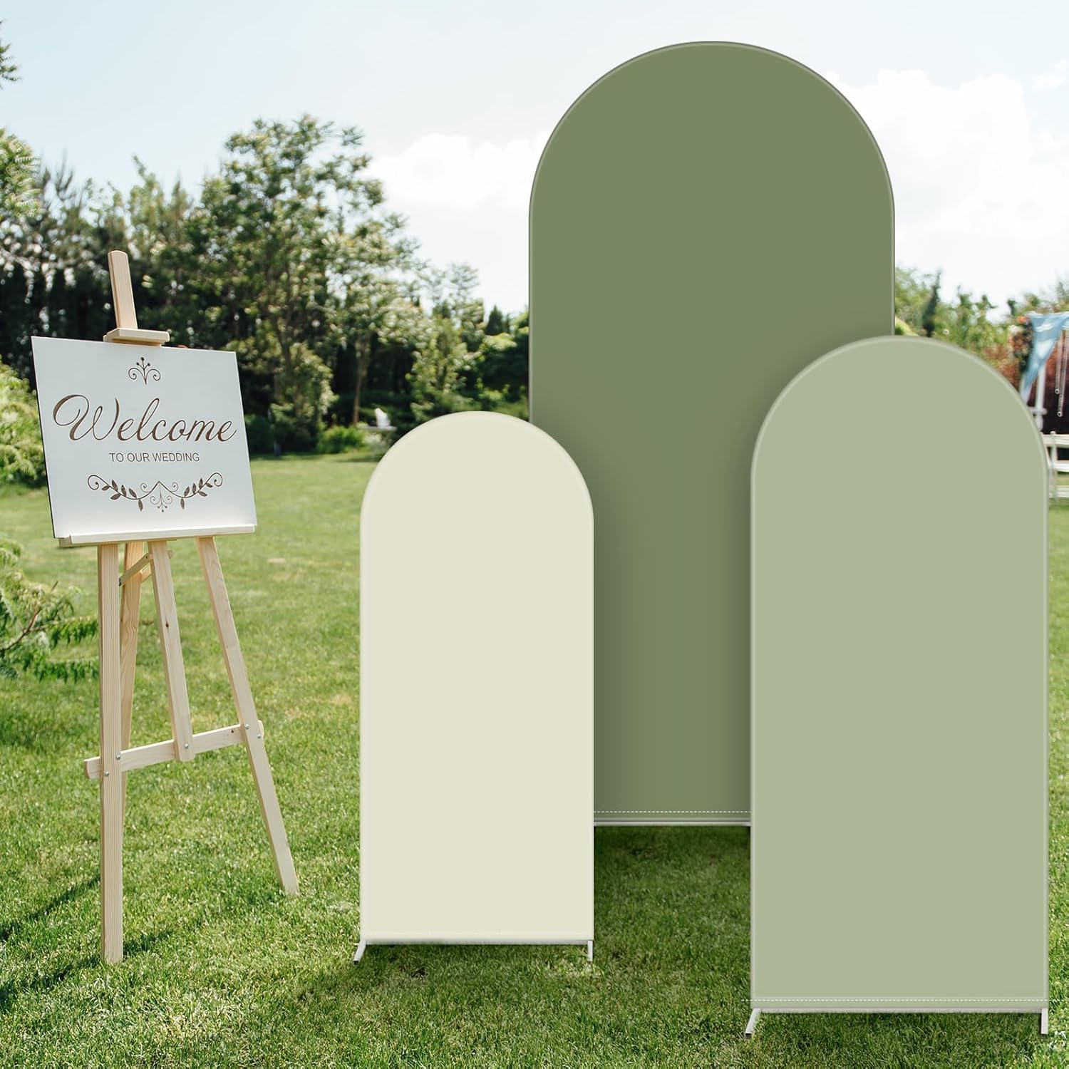 VitalCozy Set of 3 Wedding Arch Cover 6ft, 6.5ft, 7.2ft Fabric Arch Backdrop Cover Double Sided Fitted Spandex for Baby Shower Birthday Party Decoration, Frame Not Included(Green Series)