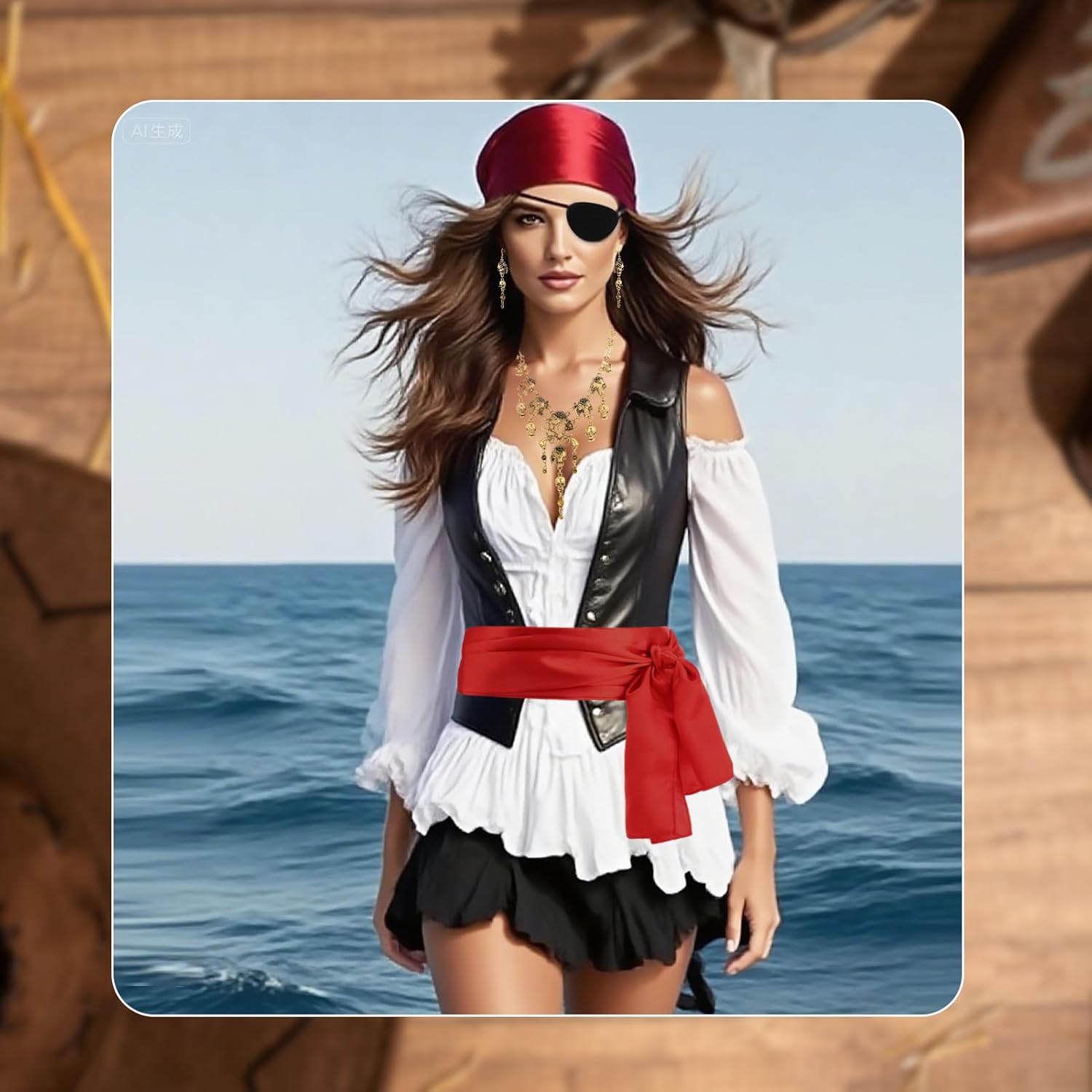 6Pcs Pirate Costume Accessories Set for Women Head Scarf Red Sash Belt Waist Chain Necklace Earrings Eye Patch for Party Renaissance - Image 7