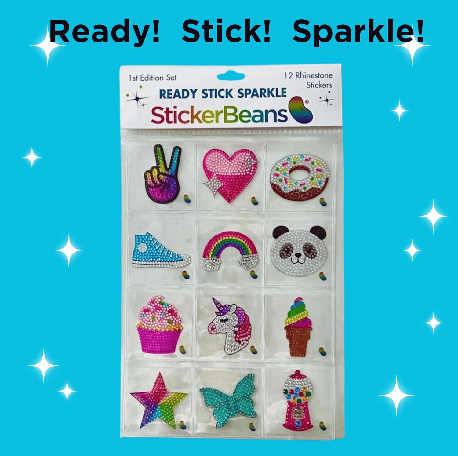 StickerBeans® Rhinestone Stickers - 1st Edition Sparkling Set of 12, 2" x2" Each Unique Sparkly Cut-to-Shape for Collecting, Trading, Decorating Laptops, Phone Cases, Scrapbooks