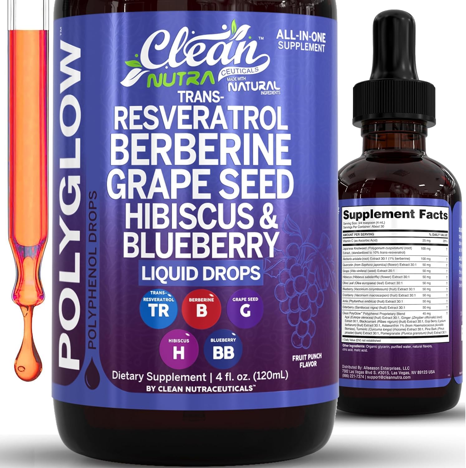 Clean Nutra Trans-Resveratrol Berberine Liquid Drops with Grape Seed Extract, Vitamin C, Quercetin, Hibiscus & Blueberry - All-in-One Polyphenol Antioxidant Supplement for Heart Health, 4 fl oz, Vegan