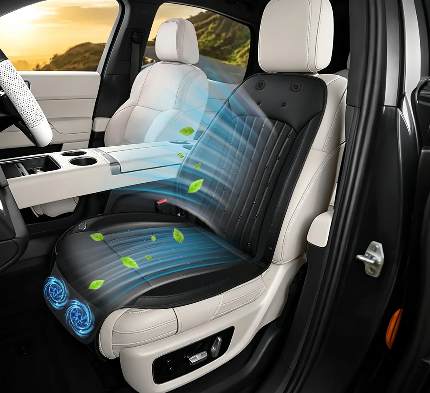 Cooling Car Seat Cover Front Driver Seat,Universal 12V Ventilated Car Seat Cushion with Smart Auto On/Off, Breathable Mesh & Leather AC Seat Protector, Cooling Fan Seat Cover for Car SUV Truck,White