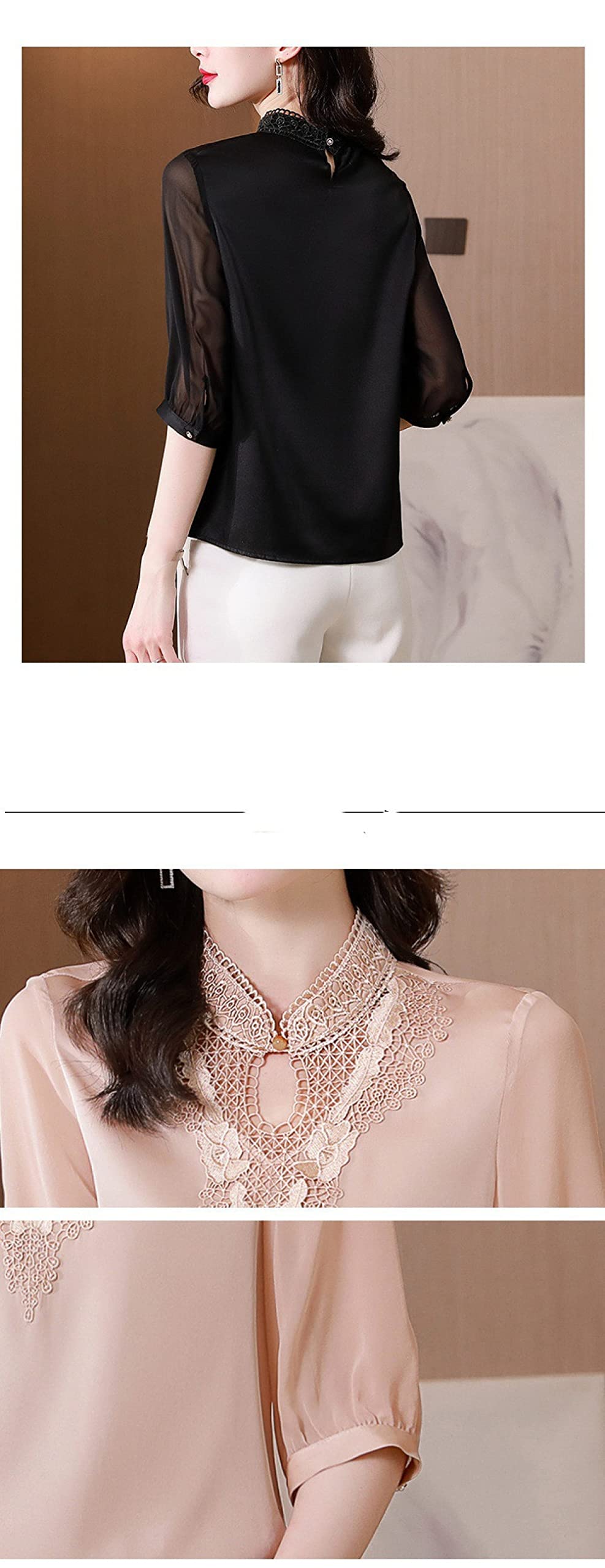 MIDJ Lockeres Damenhemd,Damen-Vintage-Stickerei, Spitze, Knopf, Krawattenhals, Satin-Bluse, Halbarm, Tunika, Chiffon, Glänzend, Party-Tops, Büro, Business-Bluse Für Mädchen, Damen