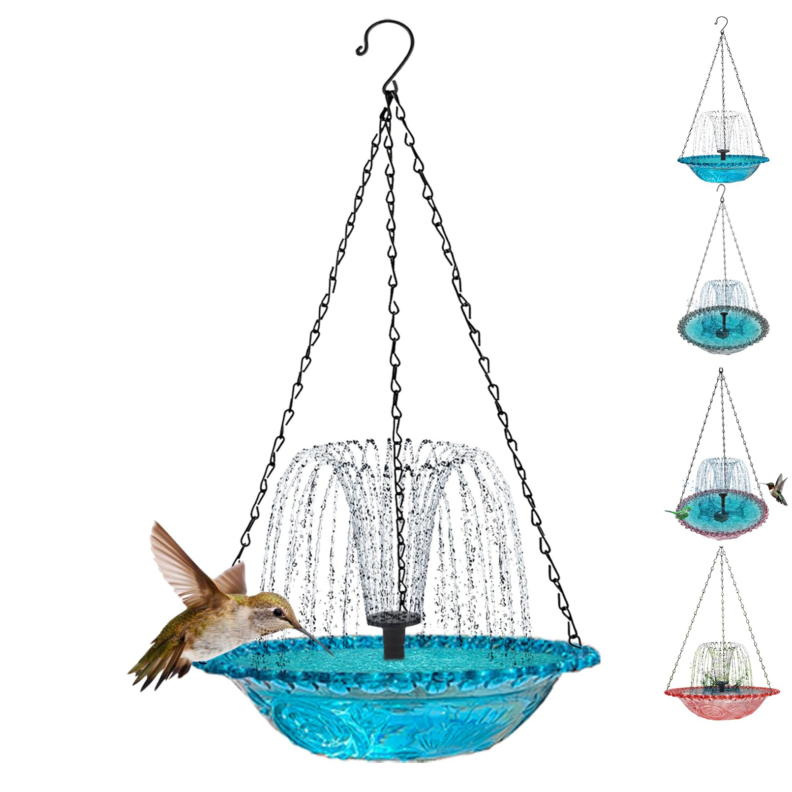 Solar Cascade Hanging Bird Bath Fountain, 2026 New Outdoor Hanging Bird bath with Solar Pump and Glass Bowl, Hummingbird Birdbath Water Fountain for Garden, Patio, Porch (Blue)