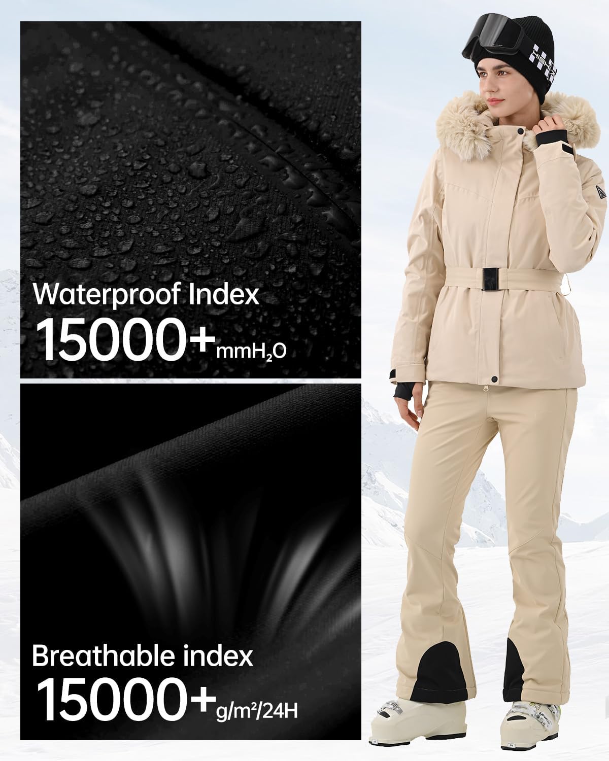 HIGH EXPERIENCE Women Ski Jacket Snowboard Fitted Slim Belted Snow Coat Warm Winter Waterproof Windproof Insulated Hooded - Image 4