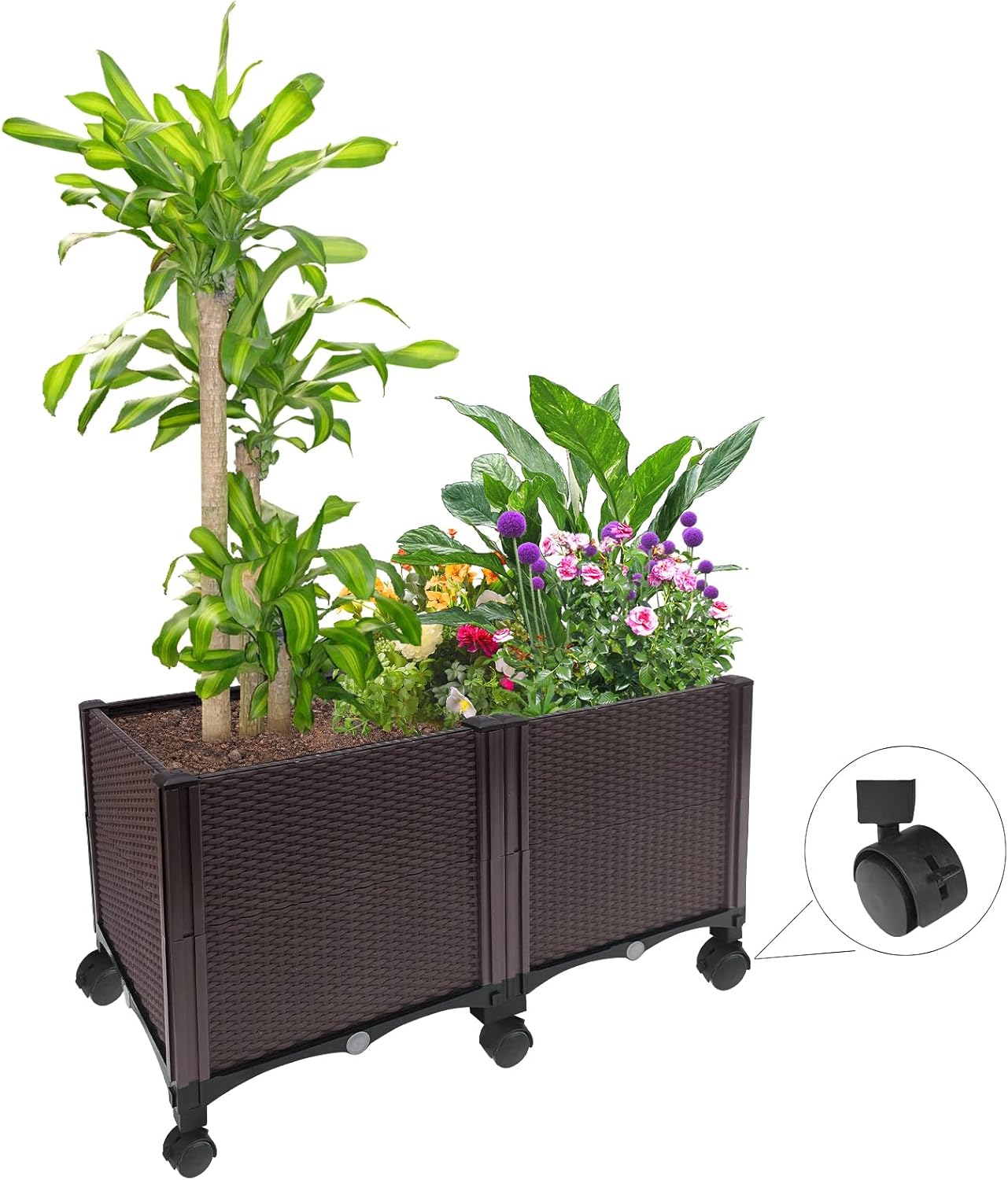 MAYOLIAH Deep Root Raised Garden Bed on Wheels Outdoor Large Plastic Planter Box with Drain Plugs, 31.5x15.7x19.7-inch Brown