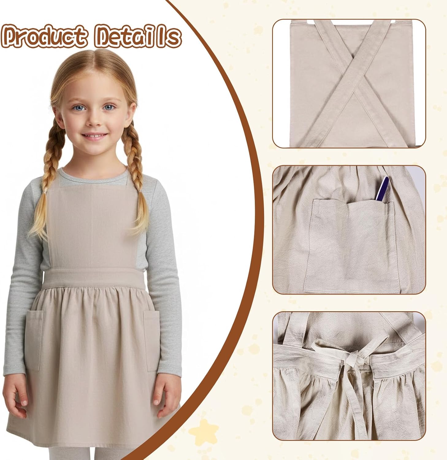 Kids Cross Back Pinafore Apron, Japanese Style Adjustable Art Smock with Pockets for Cooking & Painting image 4