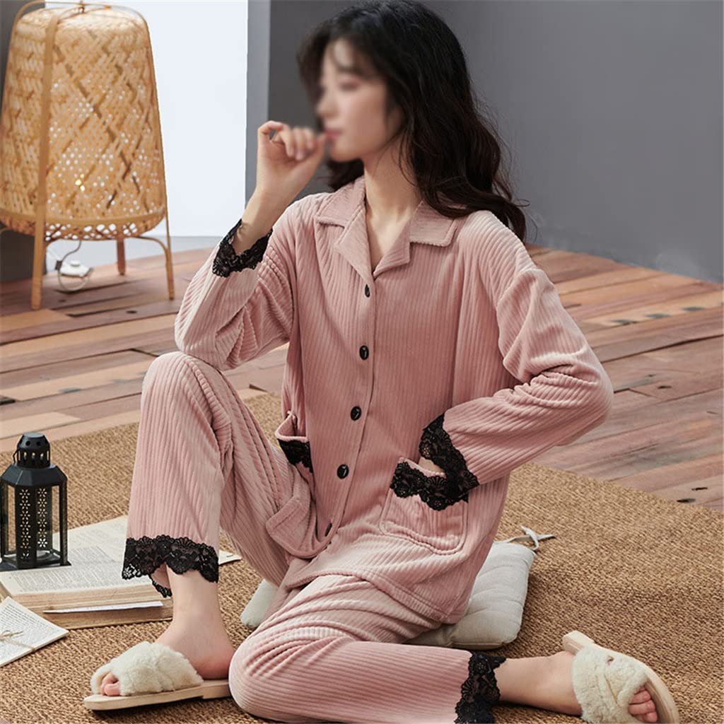 Winter-Flanell-Pyjama-Set Damen-Fleece-Nachtwäsche Heimkleidung Dicker Warmer weiblicher Nachthemd-Anzug-Pyjama (Color : Pink, Size : XXL-Code)