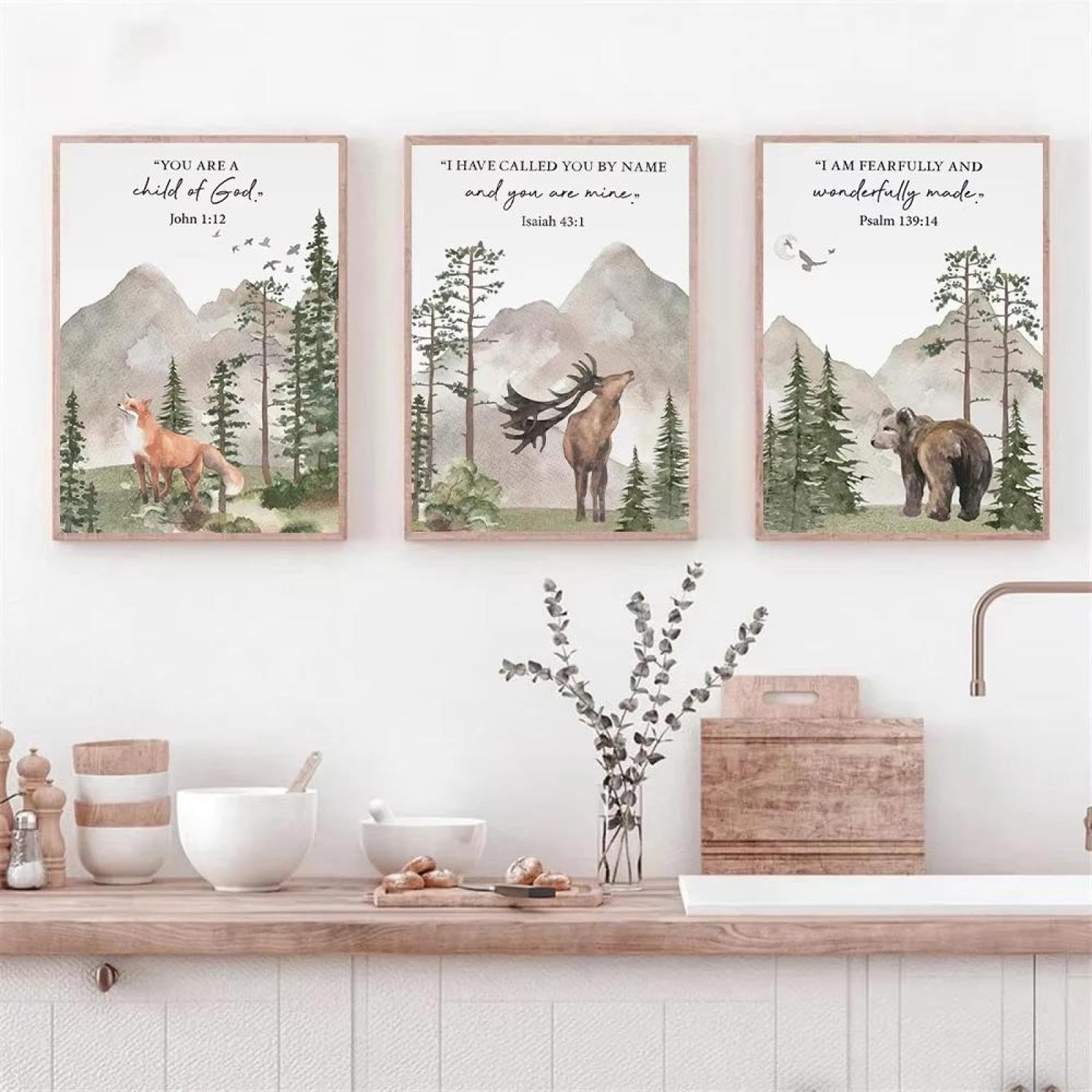 Baibexing Scripture Woodland Mountain Forest Fox Deer Bear Poster Canvas Painting Print Nursery Wall Art Home Decor Cuadros 50X70Cmx3Pcs Unframed