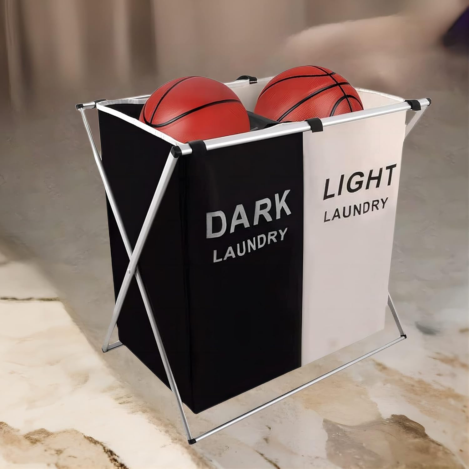 Laundry Basket 2 Section,Dirty Clothes Hamper,Foldable Laundry Sorter, Laundry Hamper With Side Pocket(Black and White)