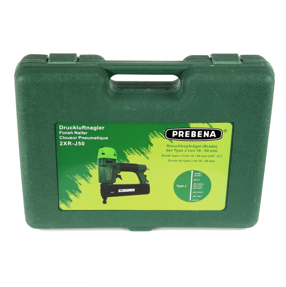 Prebena 2XR-J50 Druckluftnagler im Transportkoffer + Prebena Stauchkopfnägel Brads 50 mm 4000 Stück - aus verzinktem Stahl, geharzt