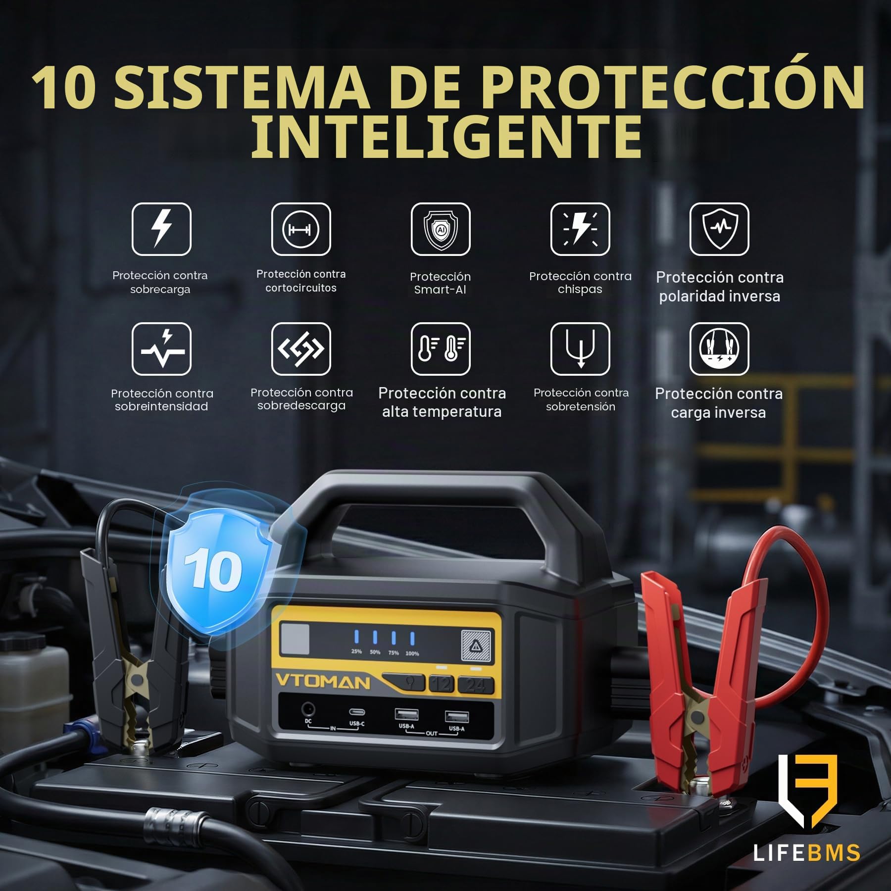 VTOMAN V-Truck - Kit de Arranque Portátil de 6000 A 12 V/24 V, 36400 mAh, Potente Paquete de Arranque para Camiones, Furgonetas y Caravanas con Linterna LED & Carga Rápida de 145 W