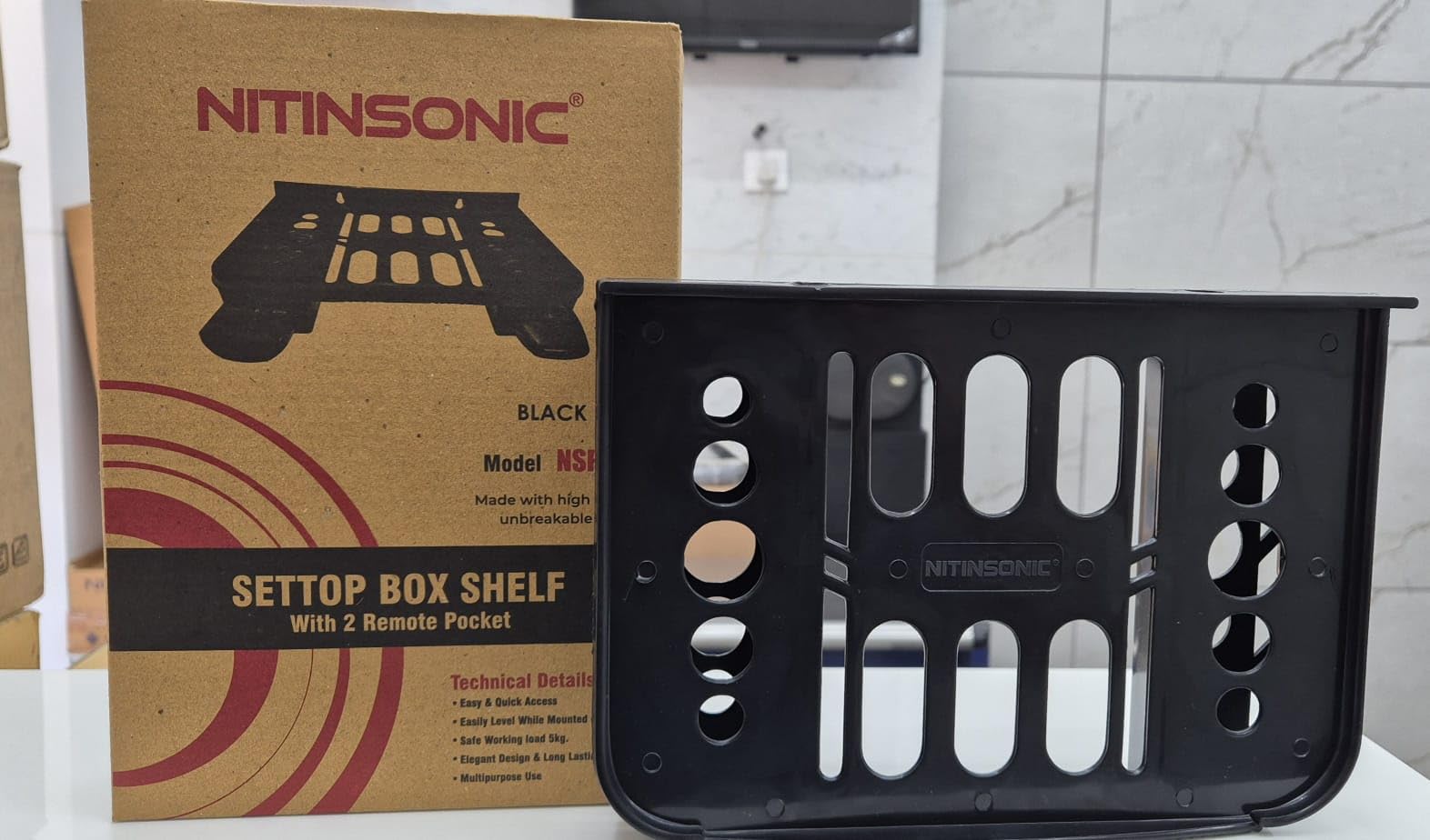 NITINSONIC® Set-Top Box Shelf with 2 Remote Pockets, Black | 5 kg Load Capacity, Multipurpose Use-image-49
