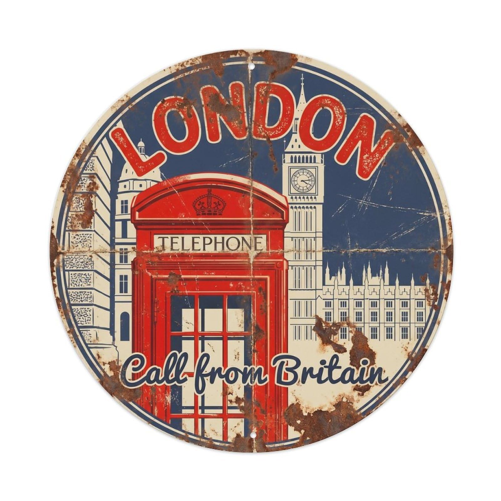 Vintage Travel London Telephone Booth Metal Tin Sign Plaque Wall Decor for Cafe, Club Bar, Office, Home Garden Round Metal Poster 8x8Inch