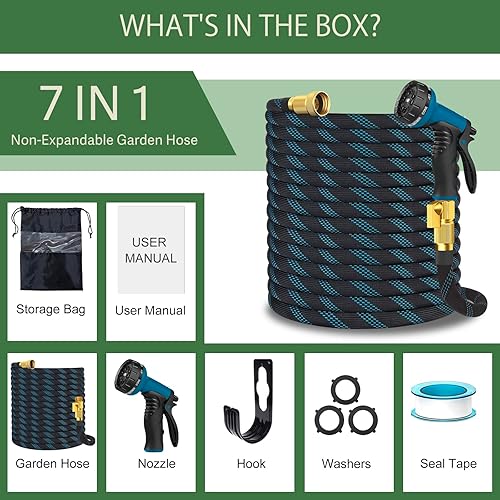 Miniatura 9 de Manguera de jardín no expandible de 50 pies, manguera de agua ligera y flexible con boquilla rociadora de 10 patrones, a prueba de fugas, sin