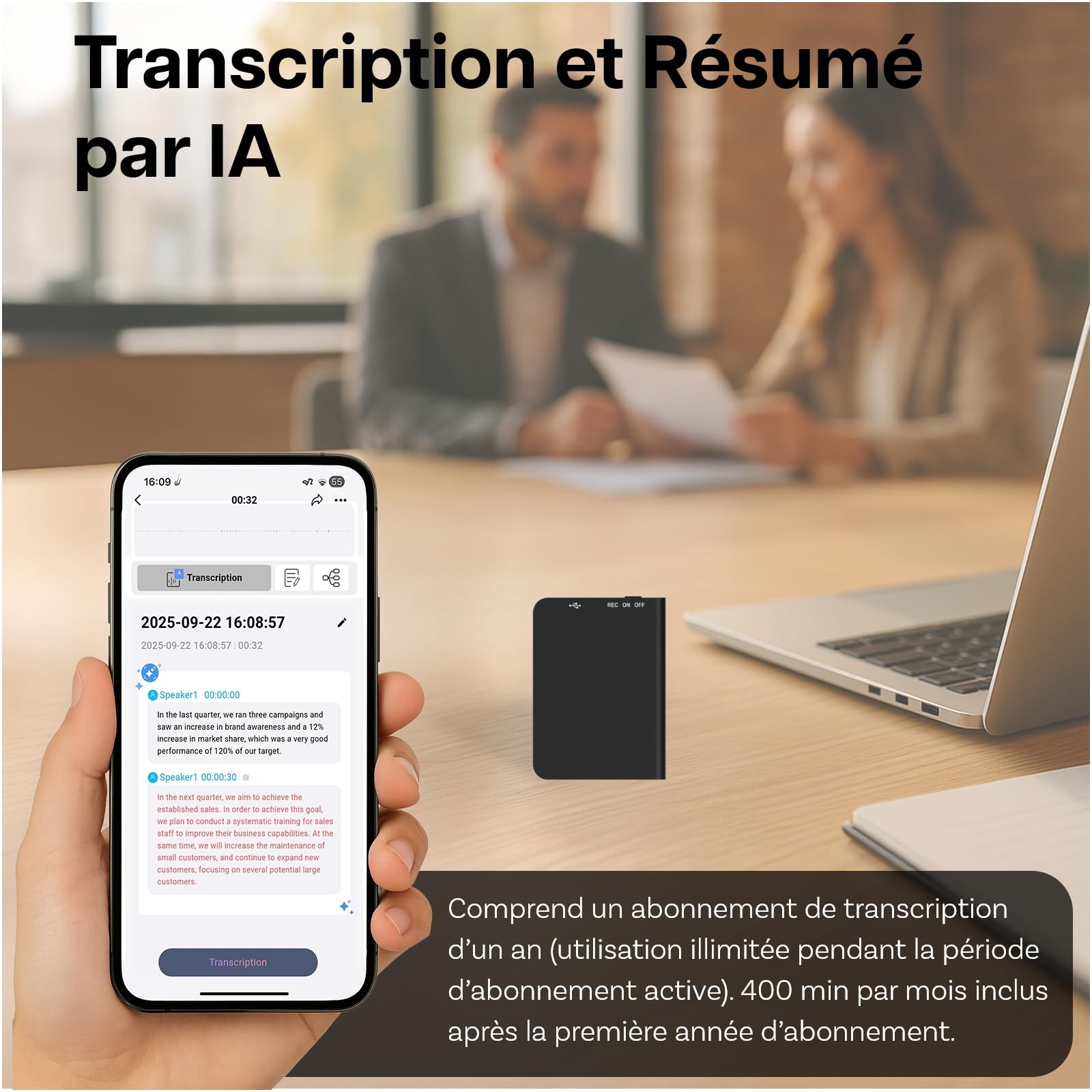 Enregistreur Vocal IA 32 Go par MMOBIEL – Dictaphone Numérique avec Contrôle par App, Transcription & Résumé IA, Traduction en Temps Réel, Bluetooth, Fonction Mindmap pour Réunions, Appels, Cours