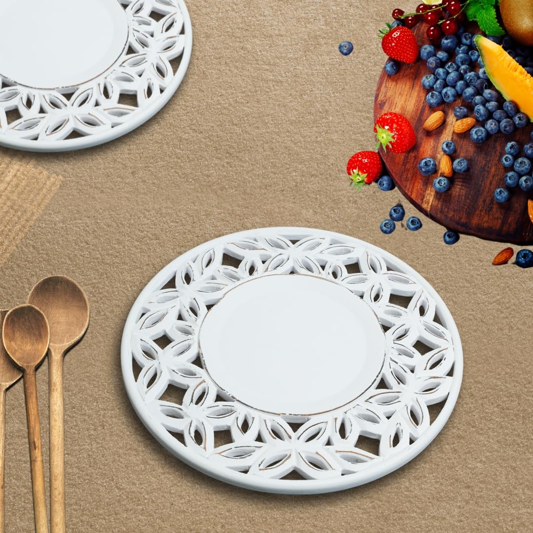 White Wood Charger for Dinner Plates Set of 2 - Decorative Cut Design 13 Inch Round Wooden Placemat for Dining Table Décor, Family Gathering, Christmas, New Year Party, Wedding, Events & Everyday Use