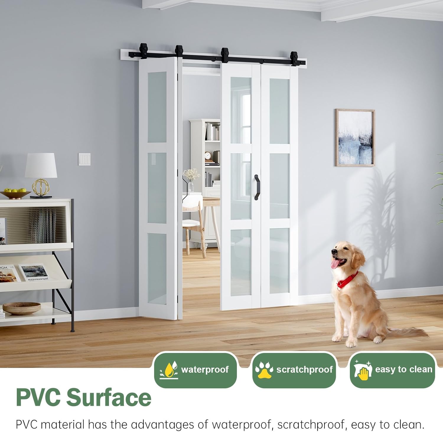 Bifold Barn Door 60x84 Inch (Four 15x84), White Frosted Glass Bifolding Doors with 68" Hardware Kit Included, Closet Sliding Wood Panel Slab, Save Space, Simple DIY Assembly