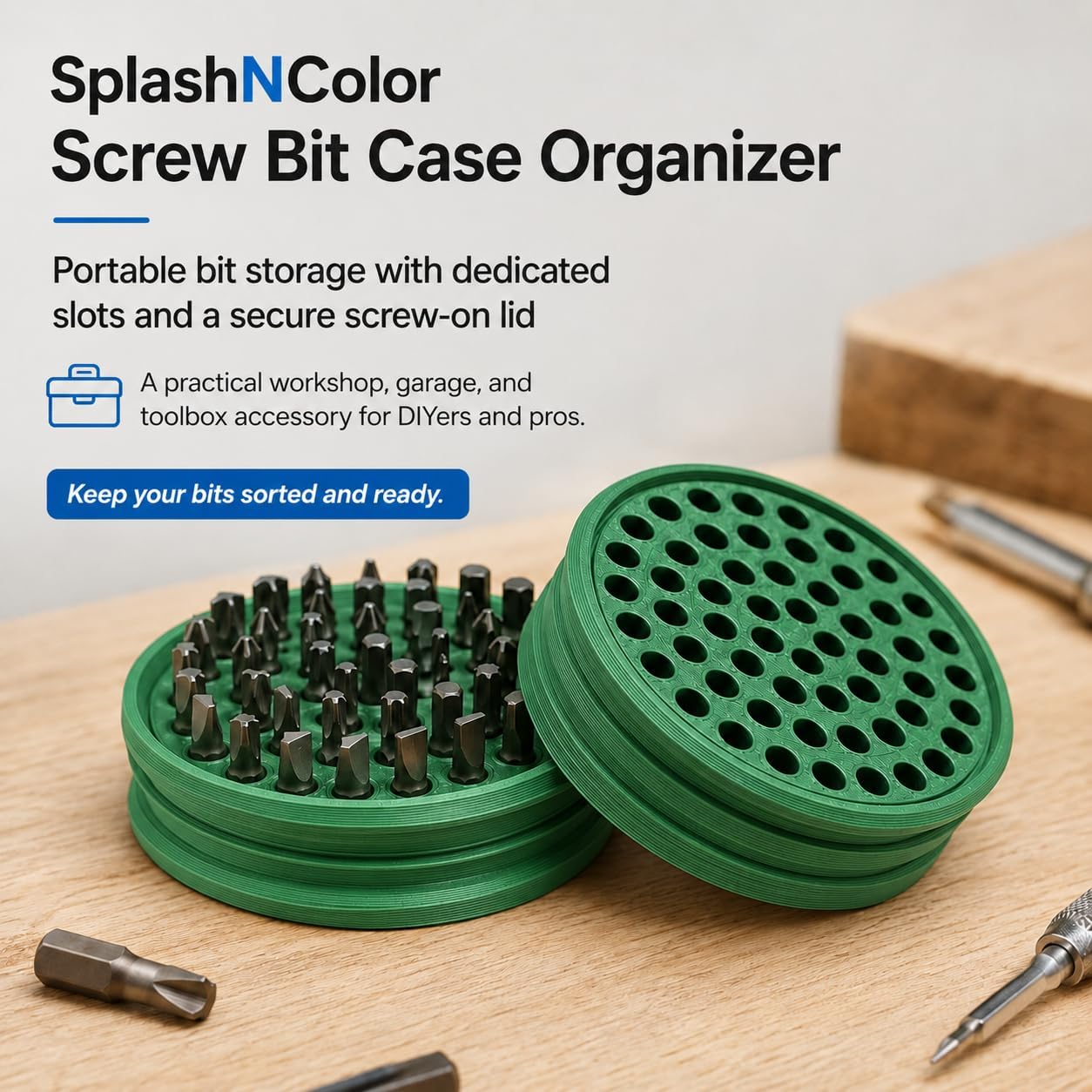 SplashNColor Screw Bit Case Organizer for Drill Driver Bits – Individual Slot Holder with Secure Screw-On Lid | Portable Bit Storage Box | Workshop Garage and Toolbox Accessory for Hex
