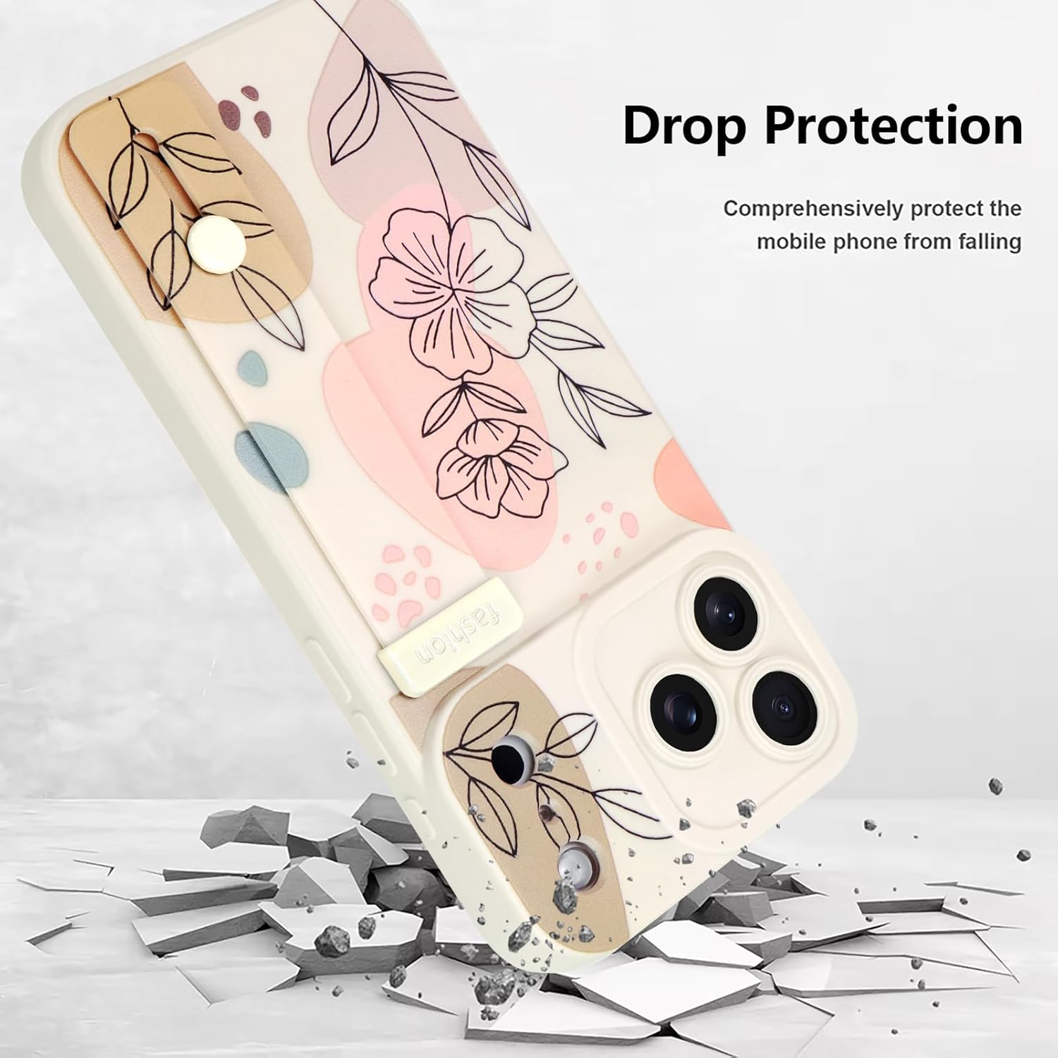 Case for iPhone 17 Pro Max Silicone Phone Case with Strap for Women Girls Cute Floral Flowers Design, Adjustable Finger Strap Kickstand Protective Cover, Beige - Image 3