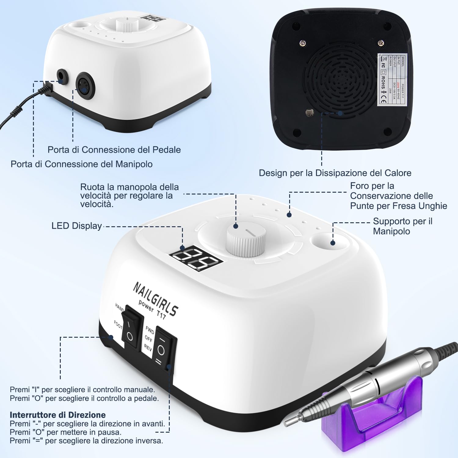 NAILGIRLS Fresa per Unghie Professionale 35000RPM, Fresa Unghie, Lima Per Unghie Elettrica, Lima Unghie Elettrica con LED Intelligente e Modalità Pedale, Portatile per Rimozione Gel/Smalto (Bianco)