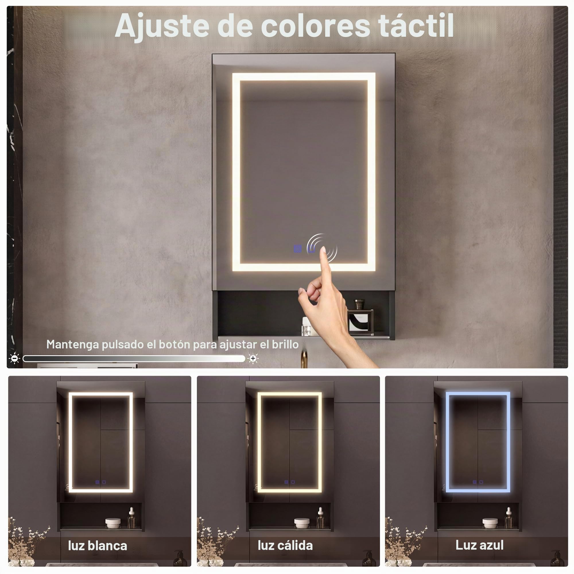 Armario espejo de baño con iluminación LED, armario de baño con 3 colores de luz, espejo de baño con almacenamiento y 1 puerta, mueble espejo con estante 88 x 15 x 50 cm (puerta individual, negro)