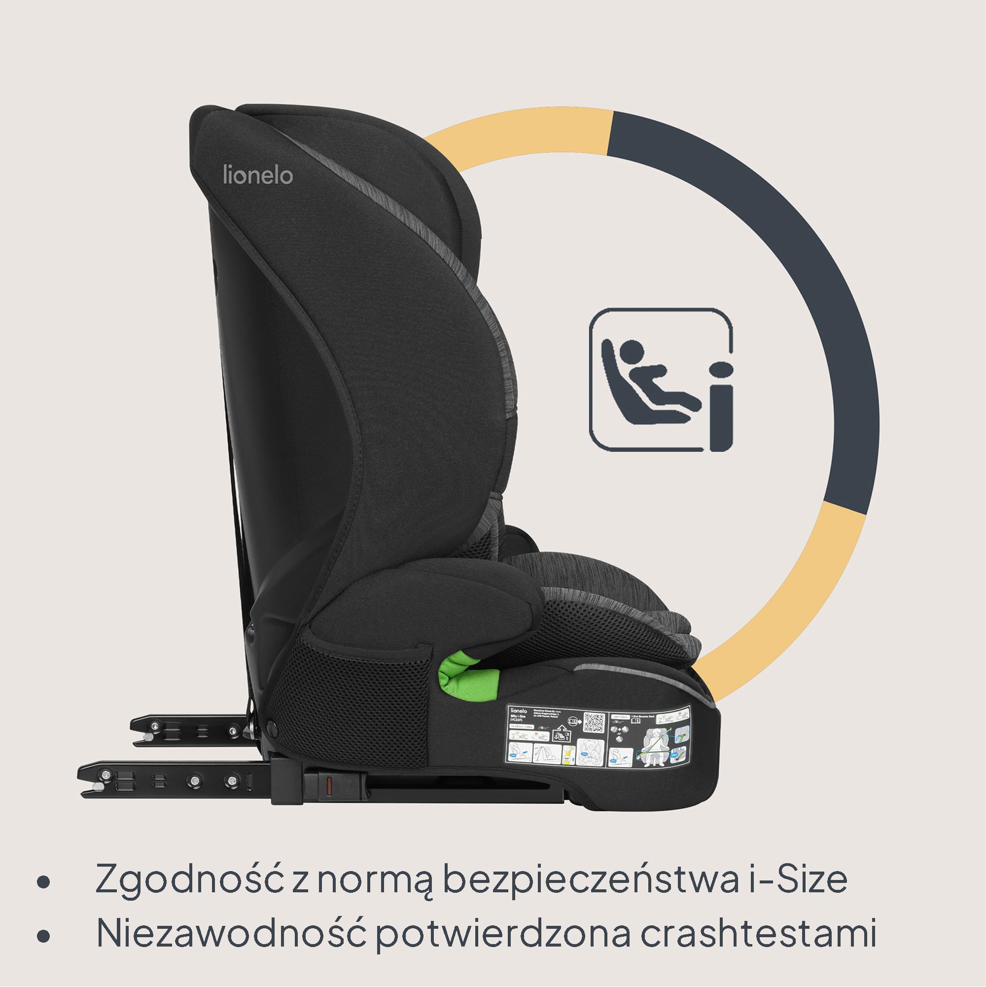 LIONELO Fotelik samochodowy Billy i-Size dla dzieci 76-150 cm (15 miesięcy – 12 lat) montaż na pasku lub na pasku, 10-pozycyjny zagłówek, ochrona boczna, górny pasek mocujący, 5-punktowa uprząż z