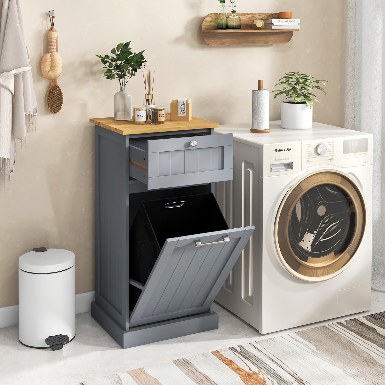 LIFEZEAL Cesto Portabiancheria, 32L, Portabiancheria Sporca, in Legno, Porta Biancheria Sporca per Bagno, con Cassetto e Sacco Rimovibile in Tessuto, Portabiancheria Salvaspazio, 40x37x82cm (grigio)