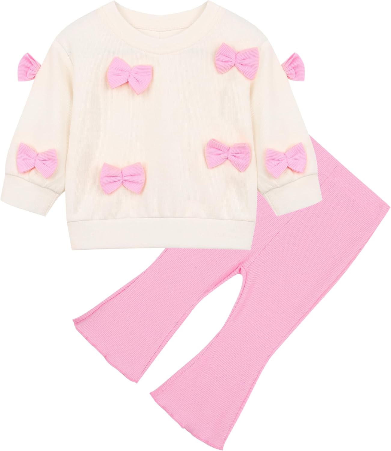 Fall Baby Girl Clothes 2 Piece Set, Long Sleeve Knit Top with Bow & Pink Flare Pants, 6M to 3T Toddler Girl Outfits