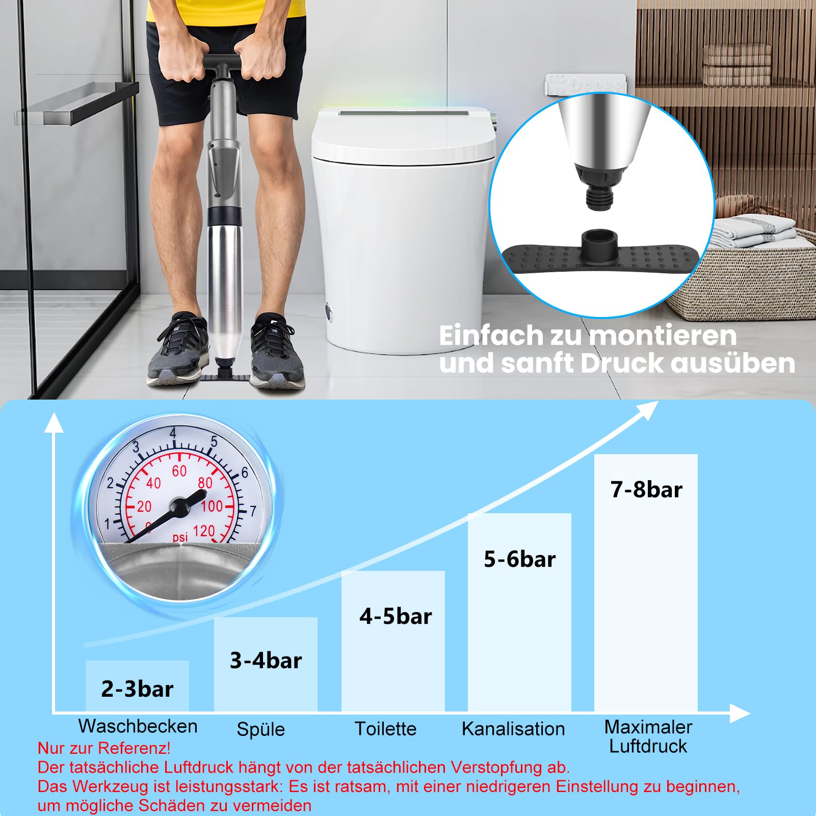 Pompe de débouchage haute pression avec indicateur de pression d'air, déboucheur d'air comprimé avec 4 ventouses, ventouse grise pour lavabo, toilettes, salle de bain, douche, cuisine