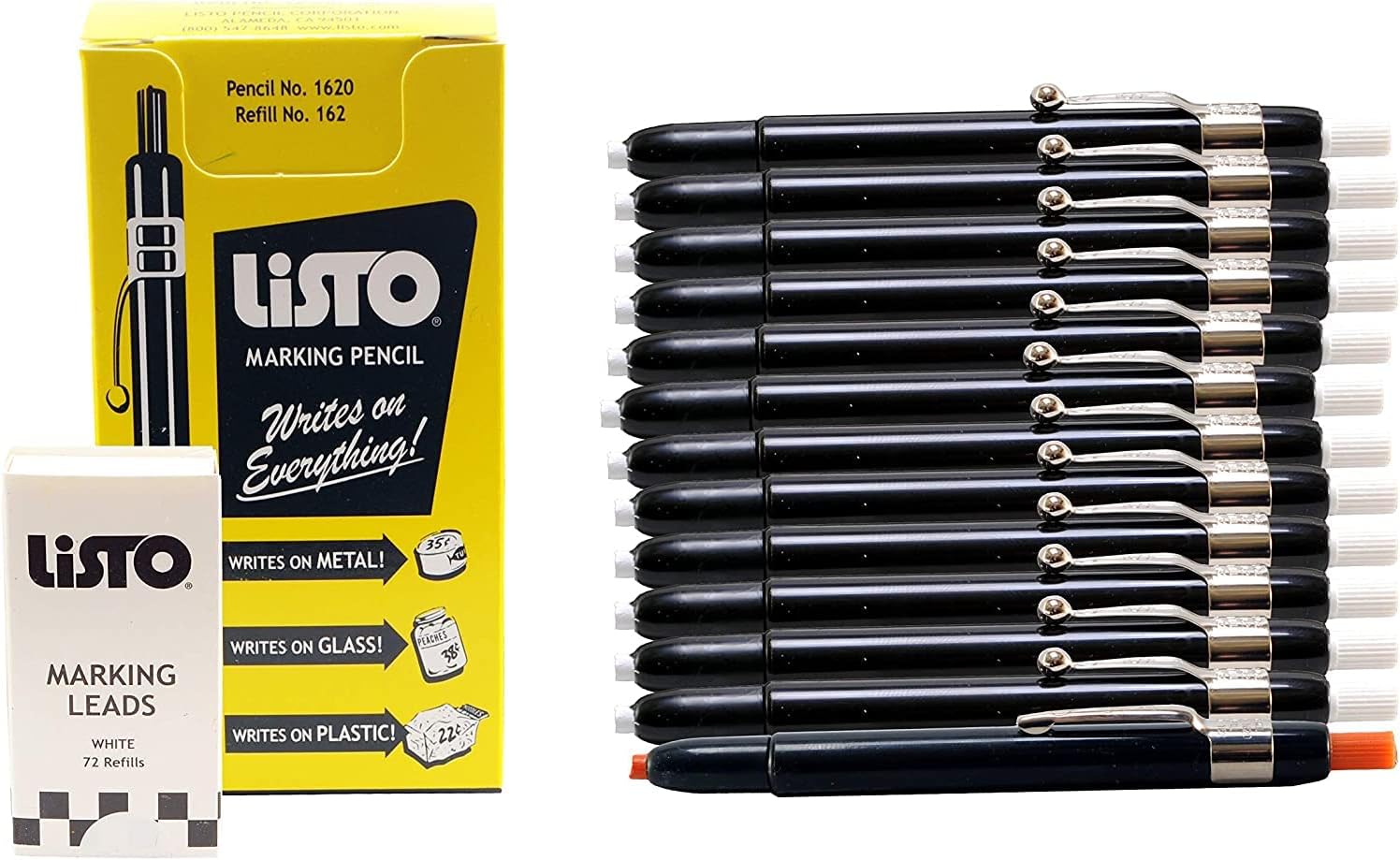 Listo 1620 and 162 Marking Kit - White, 12 Pencils, 72 Refill Leads - Grease/China Marking/Wax Pencils. 1 Orange Pencil Included.