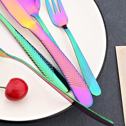 Miniatura 6 de JASHII Rainbow - Juego de cubiertos martillados, 20 piezas de utensilios de cocina de acero inoxidable de alta calidad, para 4, incluye tenedor y