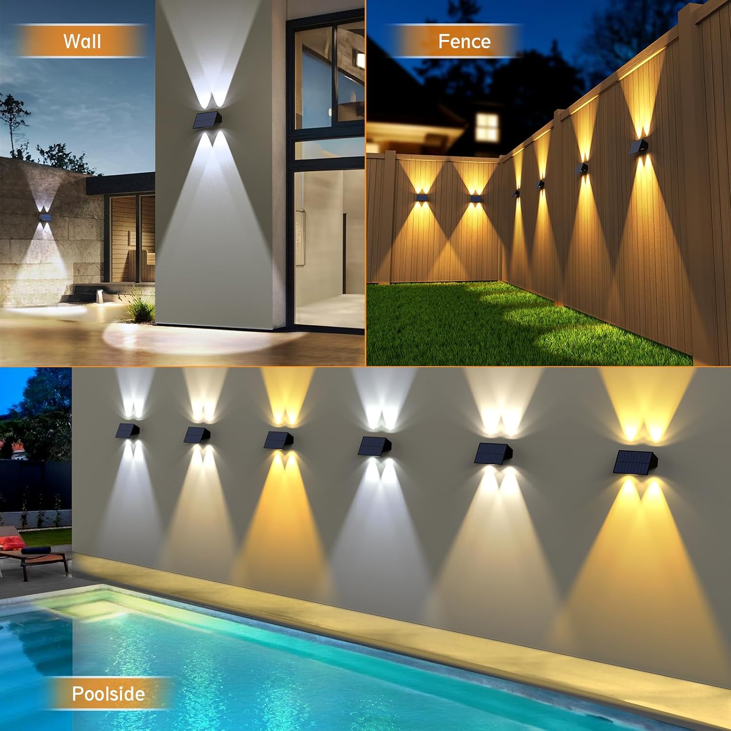 Solar Fence Lights,6Pack Solar Lights Outdoor 2700/4500/6000K 3 Modes Up & Down Wall Lights Waterproof 100 Lumens Dusk to Dawn Fence Light for Outside/Backyard/Pool/Railing/Patio/Porch/Step - Image 3