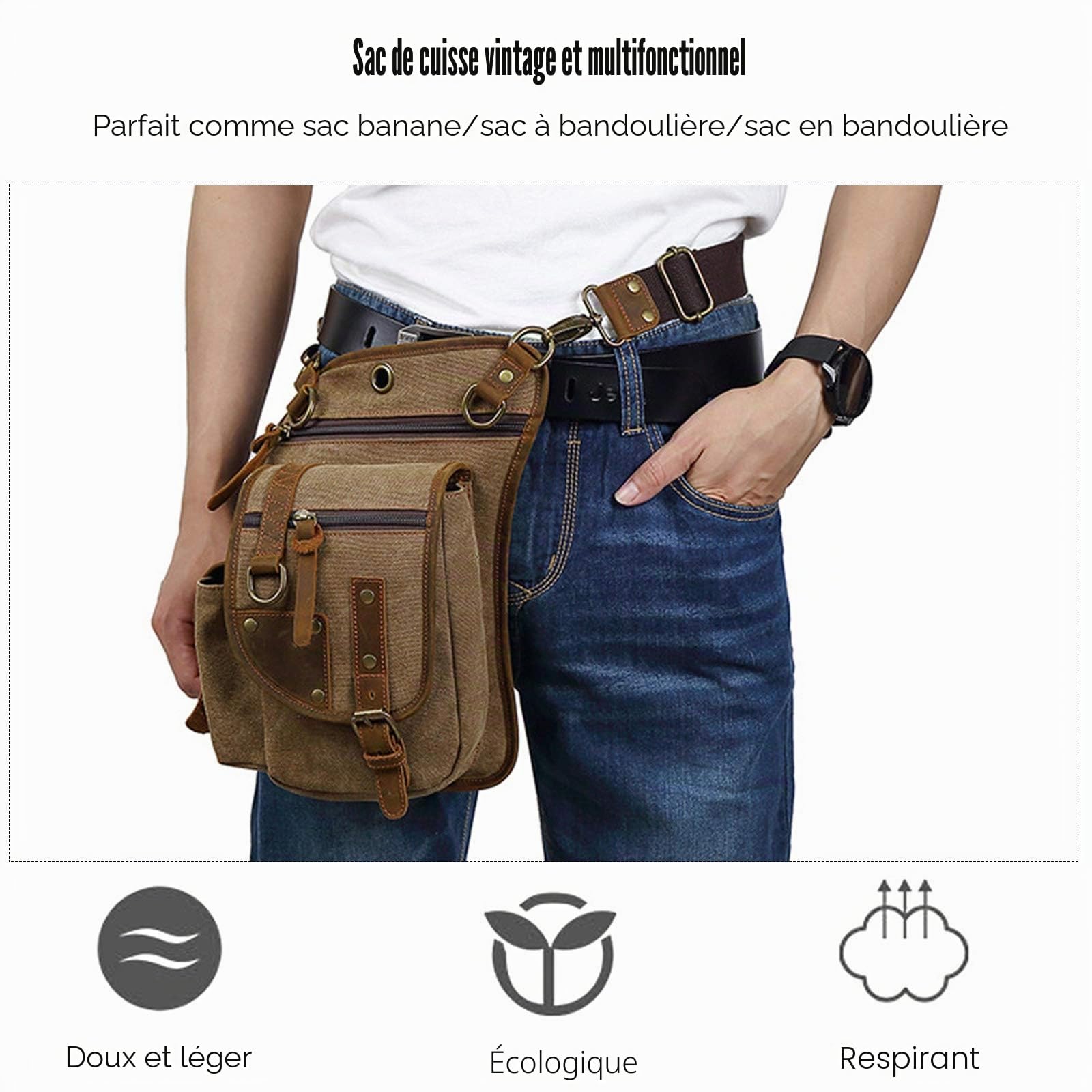 FANDARE Sac de Poitrine Sac à la Taille Sac de Jambe Sac Bandoulière Homme Femme Sac de Voyage Sling Bag Toile Sac d'Epaule Sacoche pour Randonnée Université École Cyclisme Camping Daypack