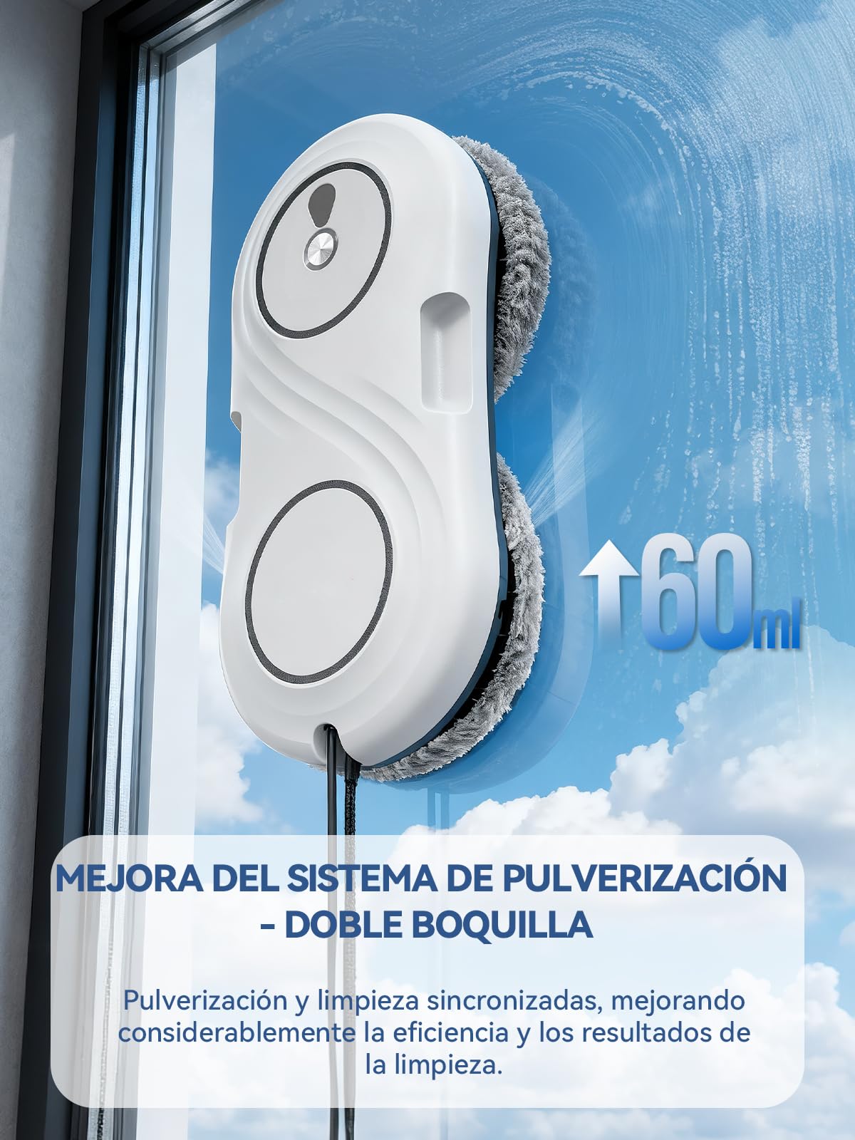 Robot Limpiacristaless, 7000 Pa Robot Limpia Cristales Ventanas Eléctrico, Ultrafino de 63 MM, Limpieza de Doble Hélice, Detección de Bordes, 3 Modos - Blanco Elegante