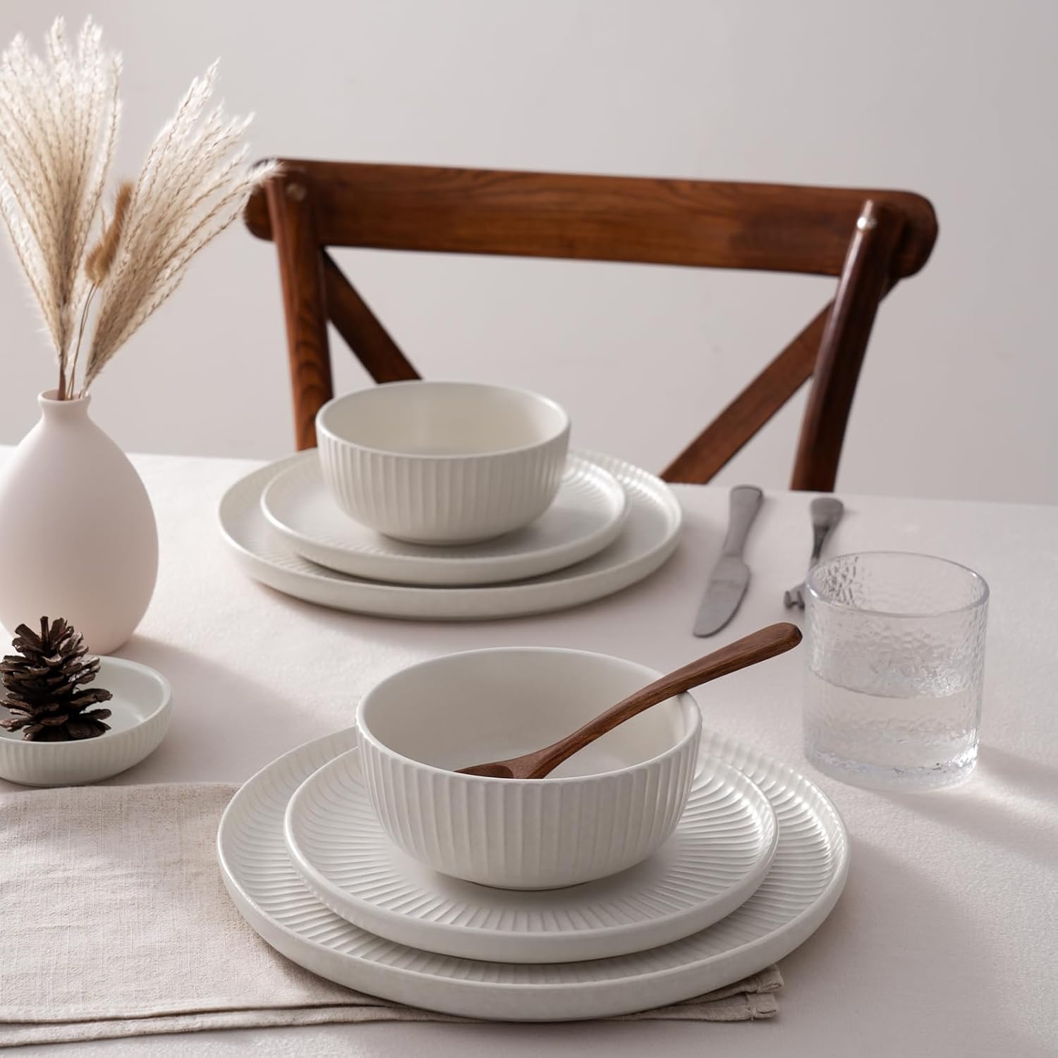 famiware Dinnerware Sets, Plates and Double Bowls Dish Set of 6 (24 Pieces) - Dishwasher & Microwave Safe, Chip Resistant, Reactive Glaze