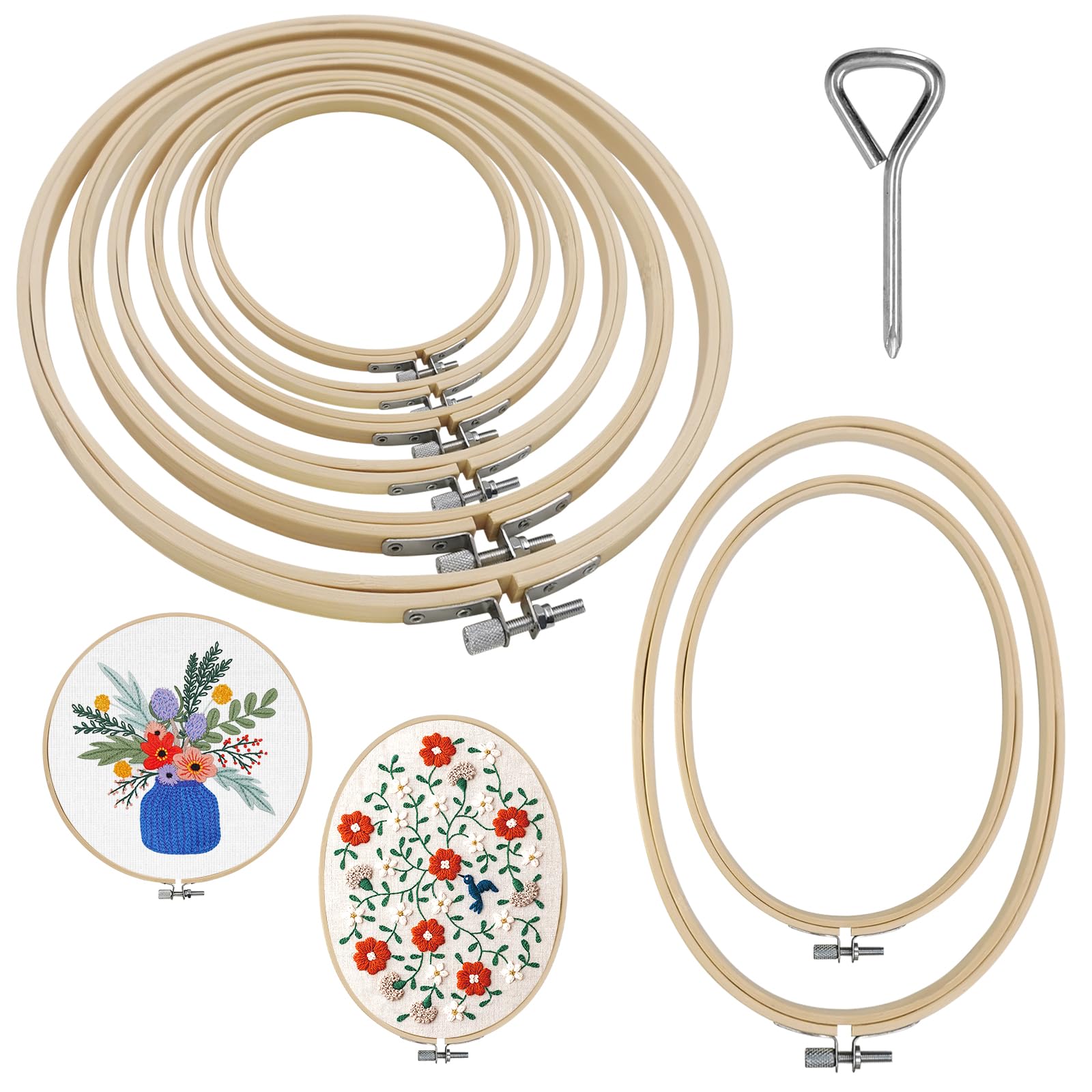 SNAIL GARDEN 8 Stück 8 Größen runde + ovale Stickrahmen-Set, Bambus-Stickringe, Kreuzstichrahmen 8 cm bis 26 cm, mit 1 Schraubendreher für handgefertigte Kunst, Handwerk, Nähen, Stickerei, Handwerk