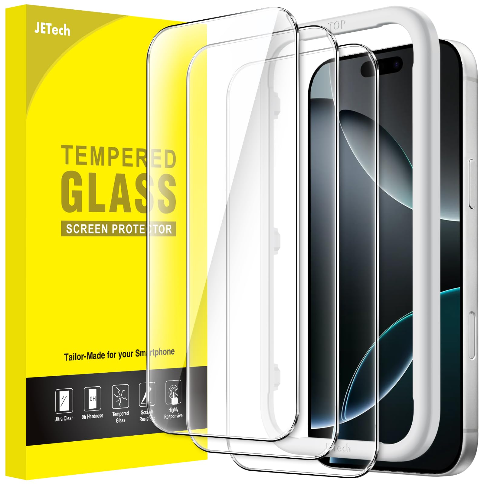 JETechScreen Protector for iPhone 16 Pro 6.3-Inch, Tempered Glass Film with Easy Installation Tool, Case-Friendly, HD Clear, 3-Pack