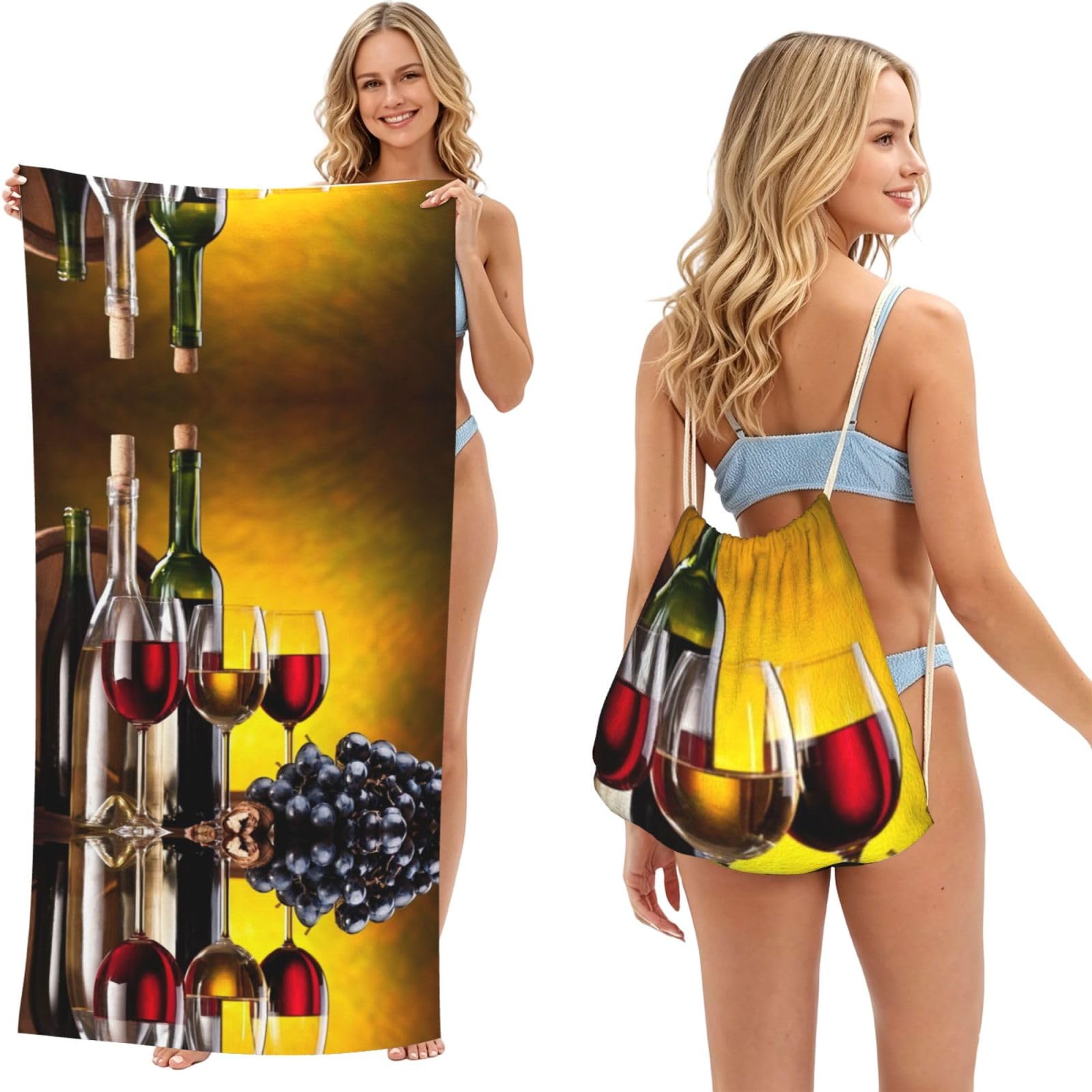 Ezdlowvba Black Grapes Wine Bottles And Drink Print Beach Towel Backpack 2 In 1 Summer Large Lightweight Beach Towel - Multifunctional Ship Pattern Towel Bag For Storage,Sport