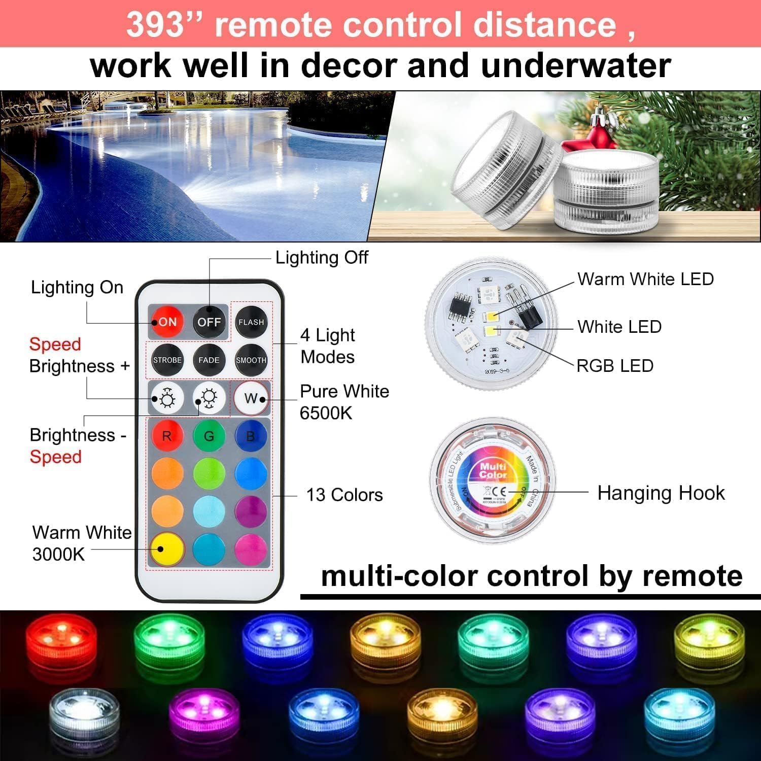 Mini Unterwasser Licht RGB Multi Mehrfarbige LED Teichbeleuchtung 10pcs Wasserdichte Teelichter mit Fernbedienung Multicolor Halloween Dekoration für Garten Aquarium Vase Badewanne Hochzeit Spa