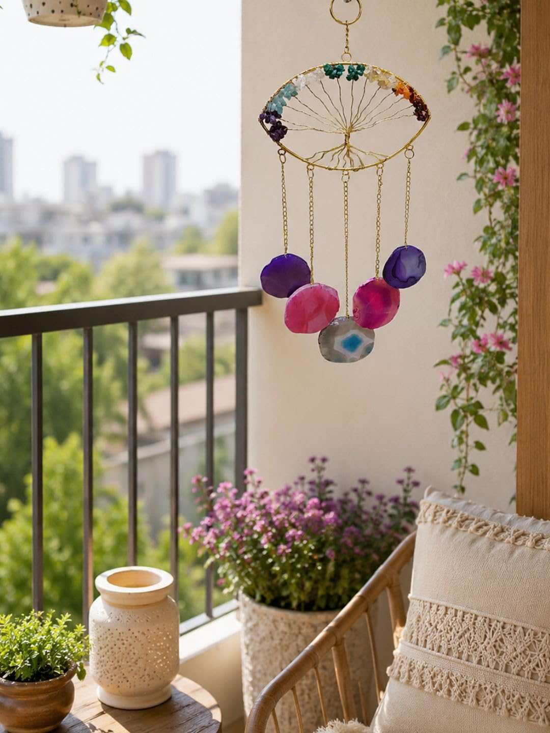 7 Chakra Windchime Eye Shape with Agate Slices | Handcrafted Crystal Hanging Suncatcher for Home Protection & Balcony Decor | 15" Height, 6" Eye Width, 5 Slices (250g)-image-46
