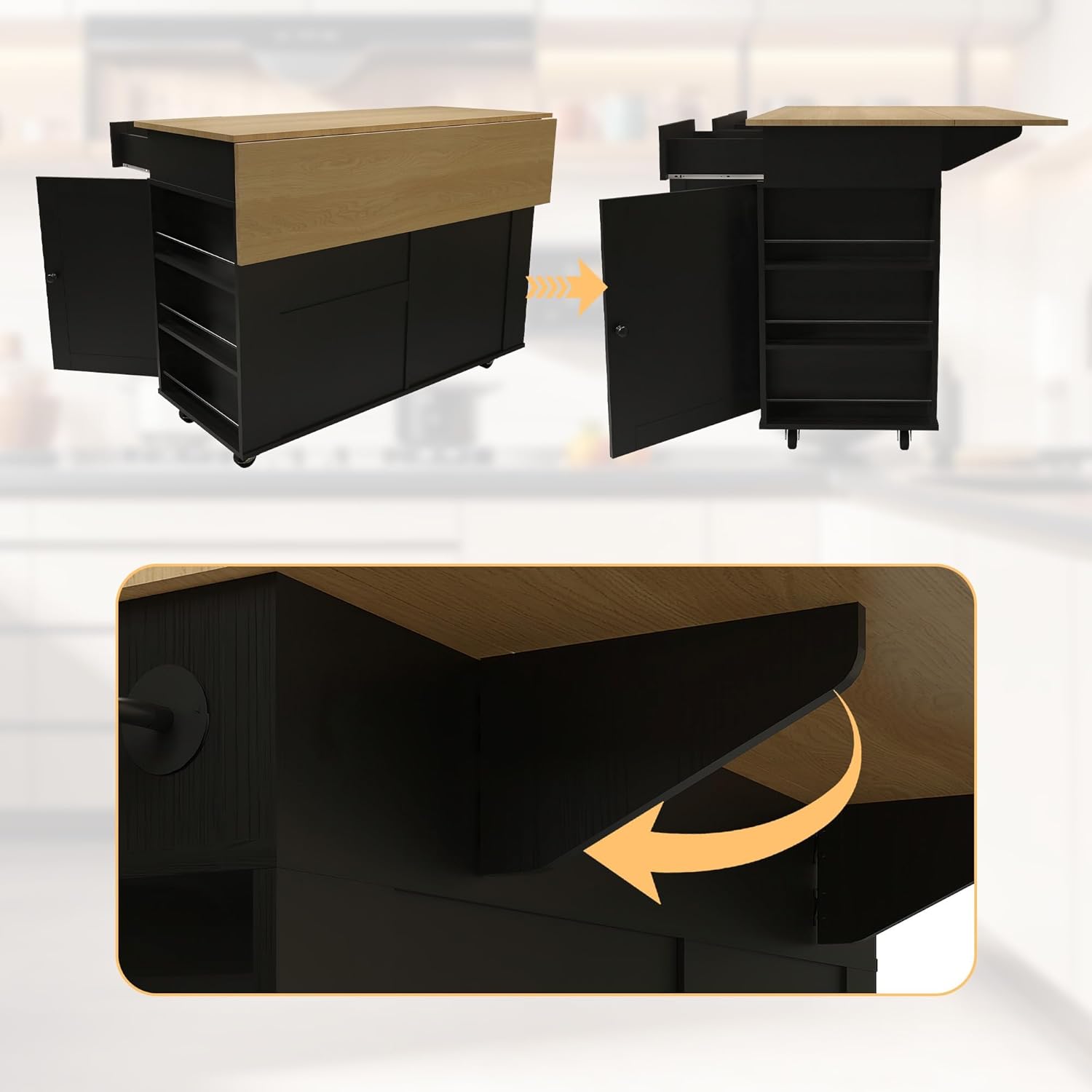 GarveeHome Rolling Kitchen Island with Drop Leaf Countertop, Charging Station & Ample Storage - 47.2 in Mobile Kitchen Cart On Wheels with Pull-Out Shelves, Drawers, Spice Rack & Organizer Divider