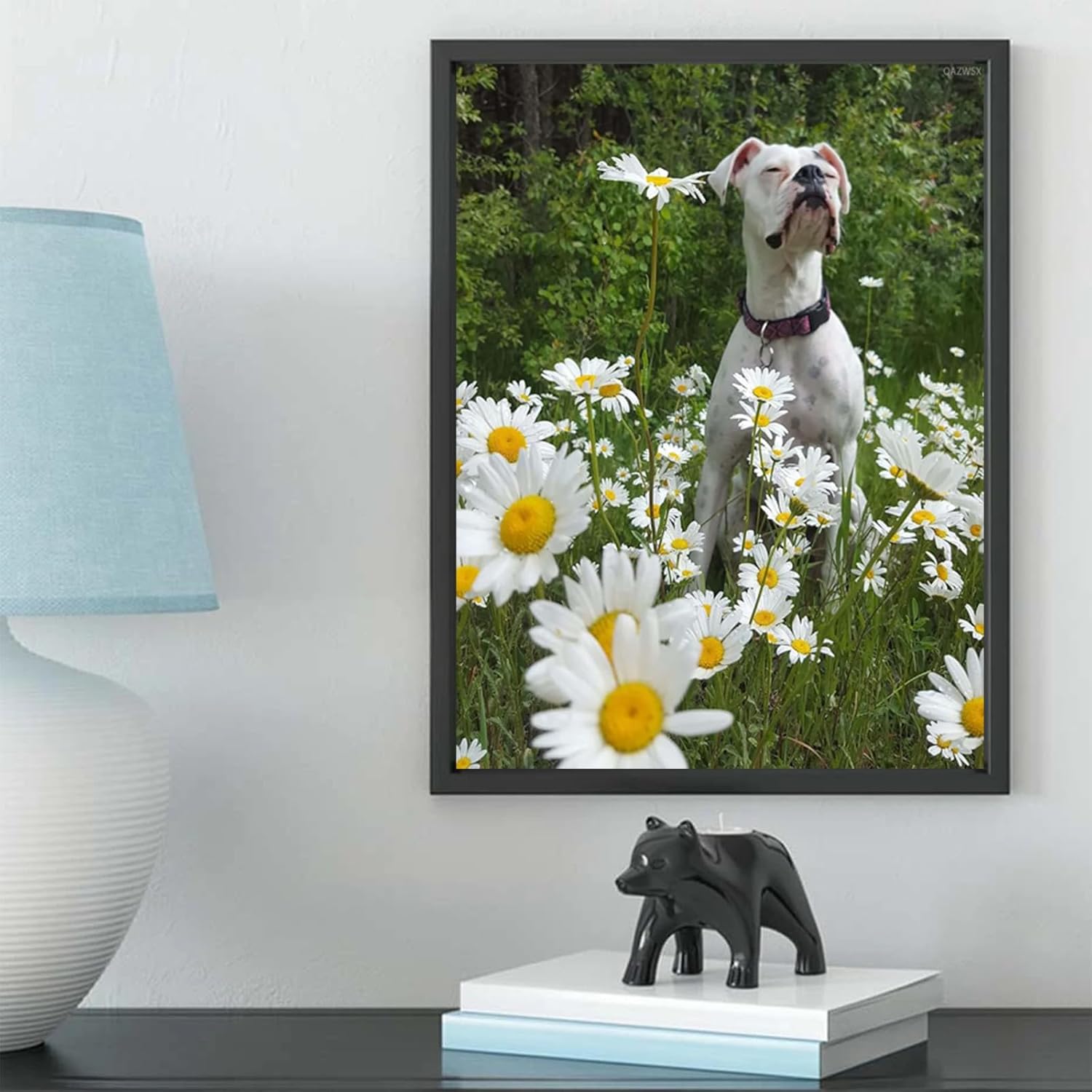 Boxer Dog White Daisies Diamond Painting Kits for Adults, Dog DIY 5D Diamond Painting Arts Craft for Home Wall Decor Birthday Gifts 12x16inch