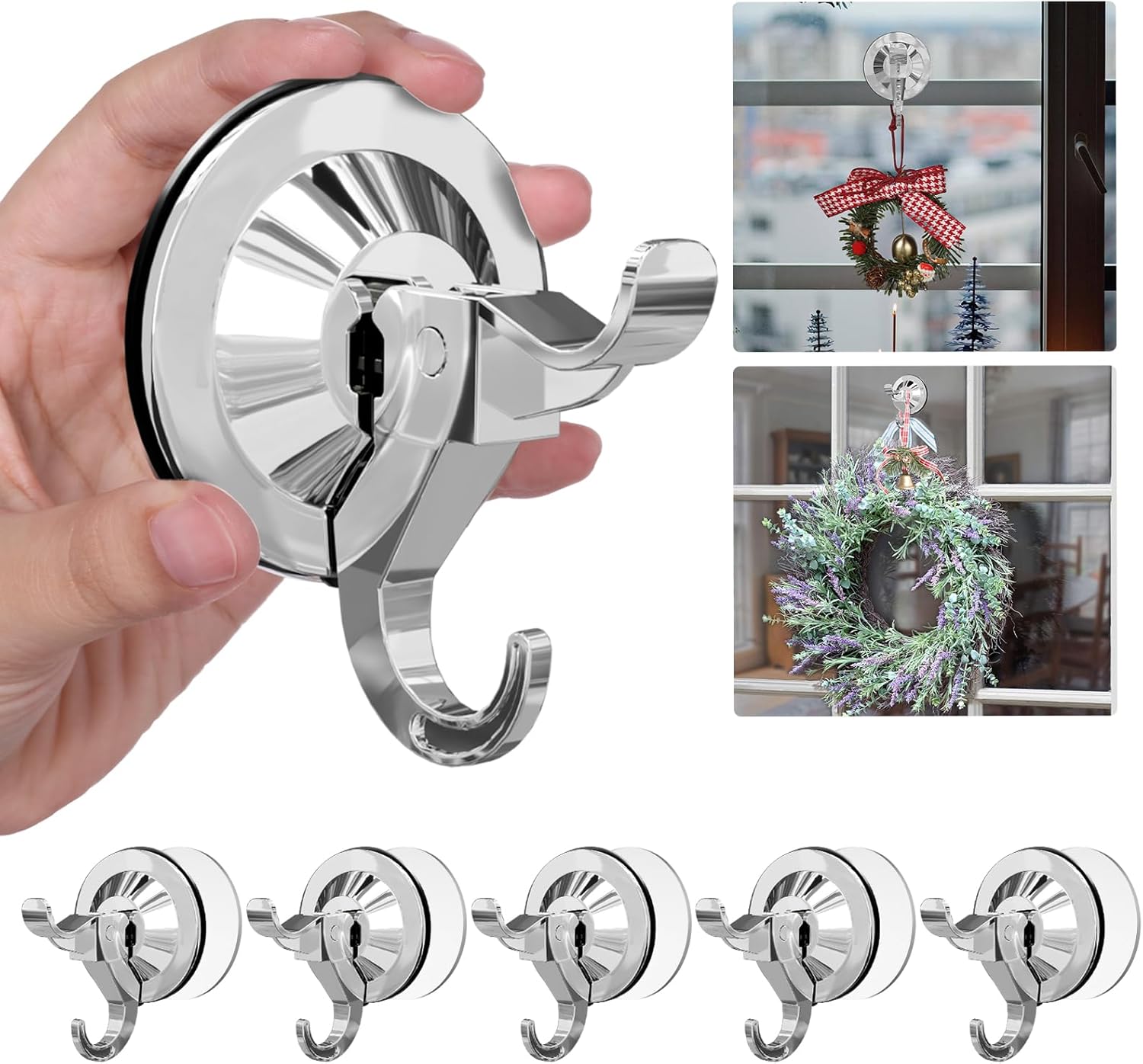 Antimbee Suction Hooks, 5 Pack Reusable Hangers, Removable Large Suction Cups for Smooth/Uneven Surfaces, Door Wreath Hanger Max Hanging up to 11 lbs (Silver) Silver 5 Pack