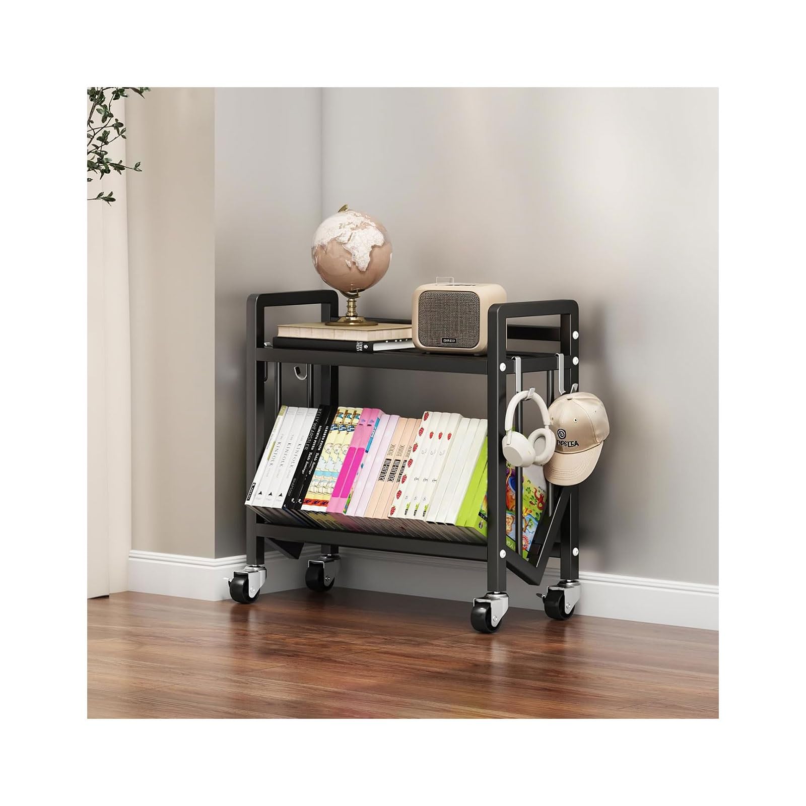 Book Carts with Wheels, Library Rolling Book Cart 2/3/4/5 Tier Movable Bookshelf Mobile Large Capacity L-Shaped Carbon Steel Organizer Rack for Office, Home, Classroom(Black,2 Tiers-27.6x9.8x20.9in)