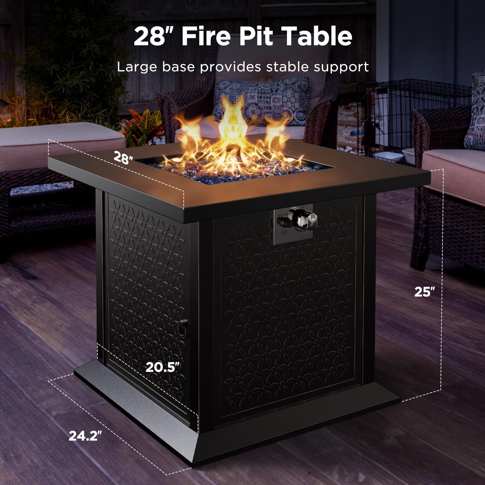 Ciays 28″ Fire Pit Table, Propane Fire Pit with Cup Holders & Hanging Shelf, 50,000 BTU Gas Fire Pit with Glass Stones & Nylon Dust Cover, Quick Ignition System, Patio/Porch/Deck Fire Pit, CIFPT10B